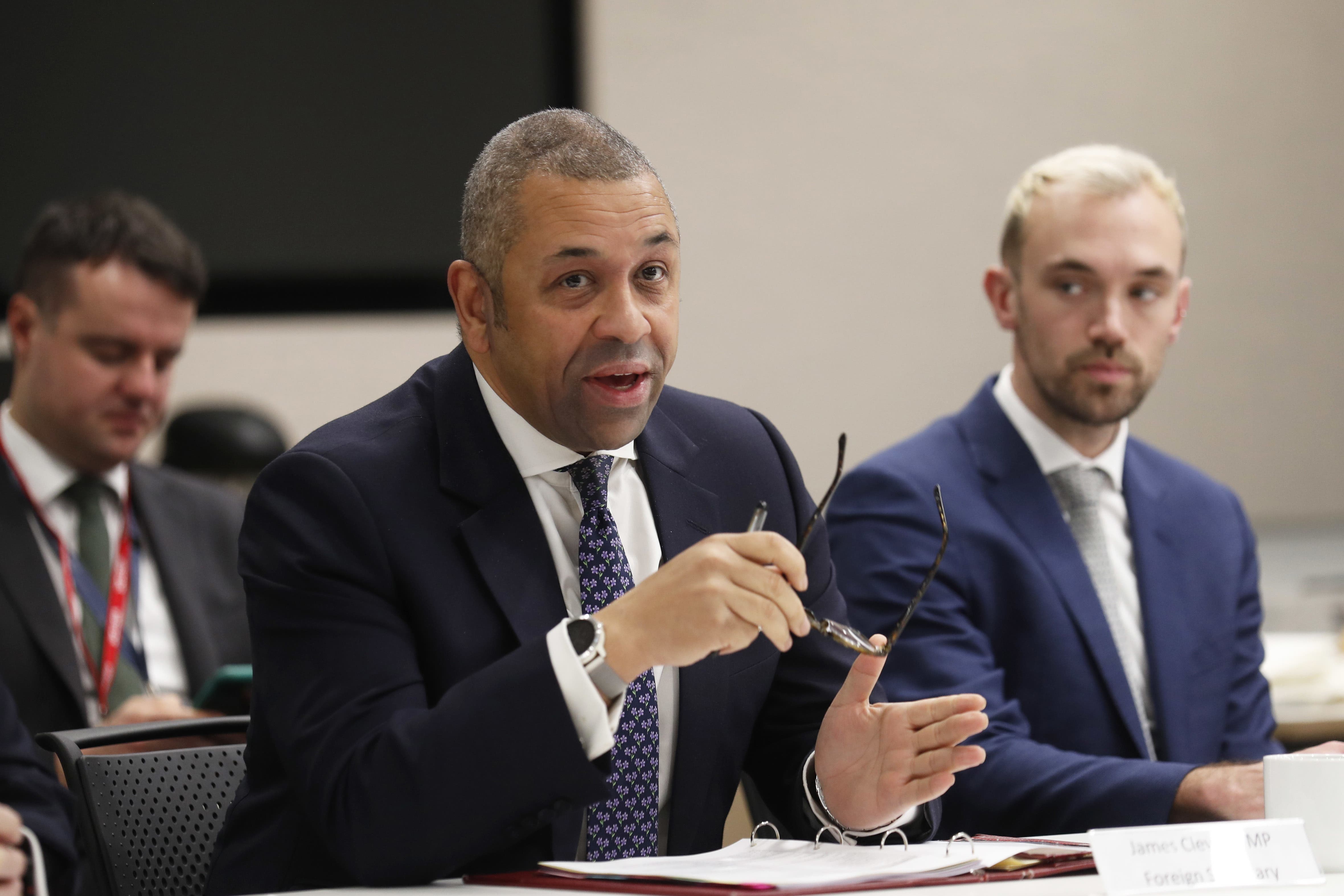 Foreign Secretary James Cleverly (centre) during a meeting with political members of the Democratic Unionist Party, Ulster Unionist Party and Alliance at government buildings in Belfast city centre to discuss the impact of the Northern Ireland Protocol. (Peter Morrison/PA)