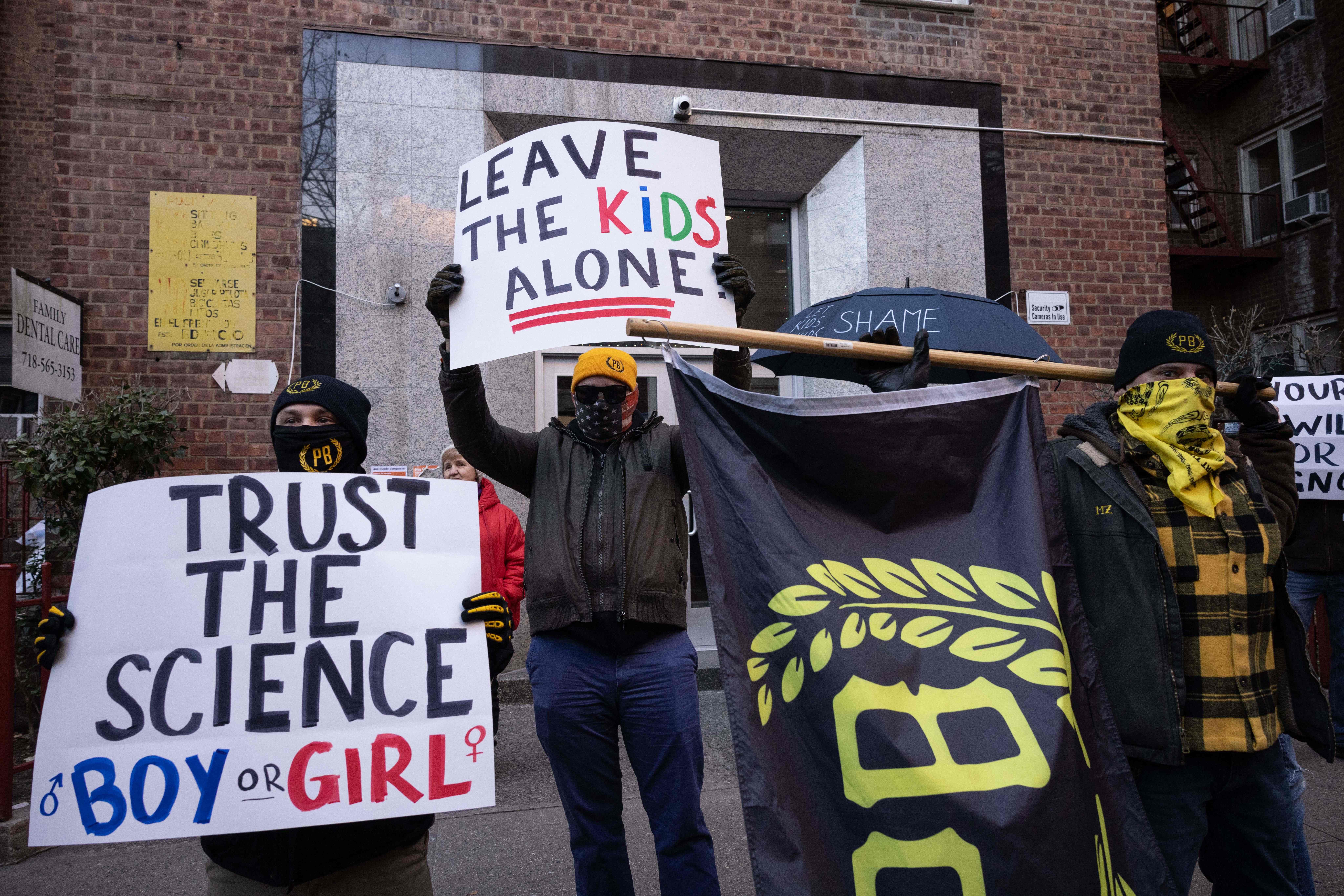 Members of the Proud Boys join protests against a drag queen storytelling event at a public library in New York City