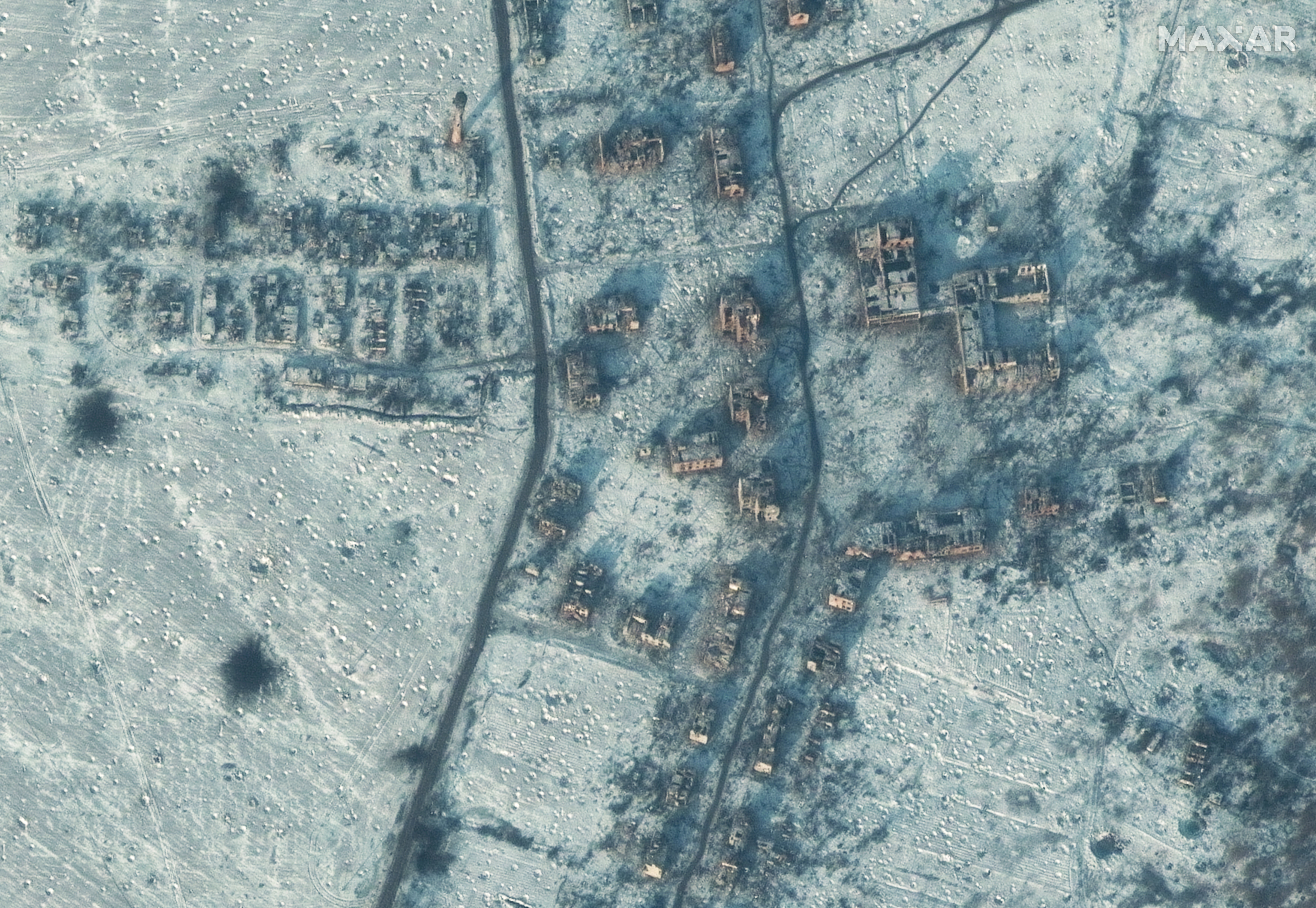 Destroyed school and buildings seen in south Soledar near Bakhmut in Ukraine on 10 January