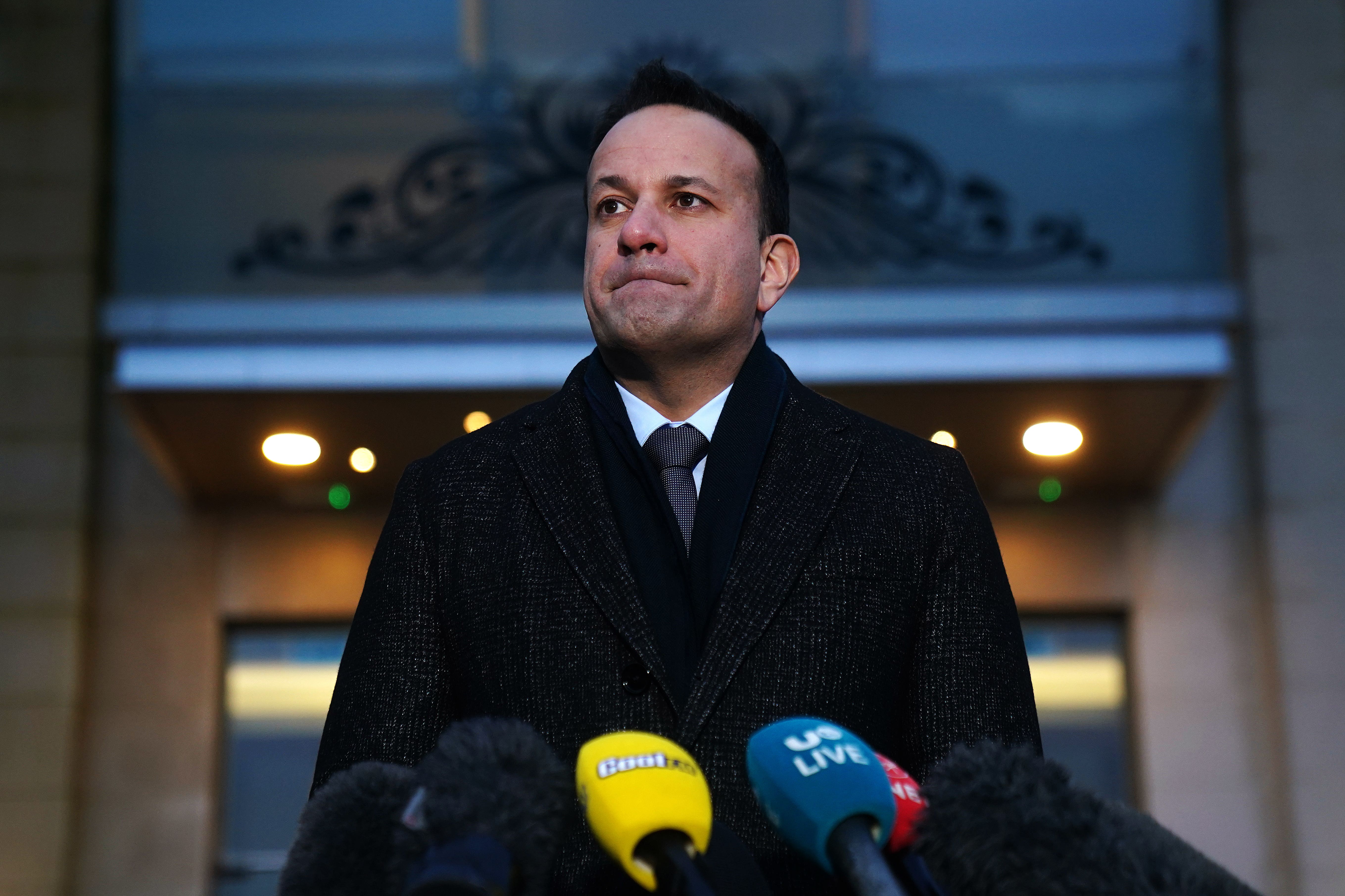 Taoiseach Leo Varadkar talking to the media outside the Stormont hotel (Brian Lawless/PA)