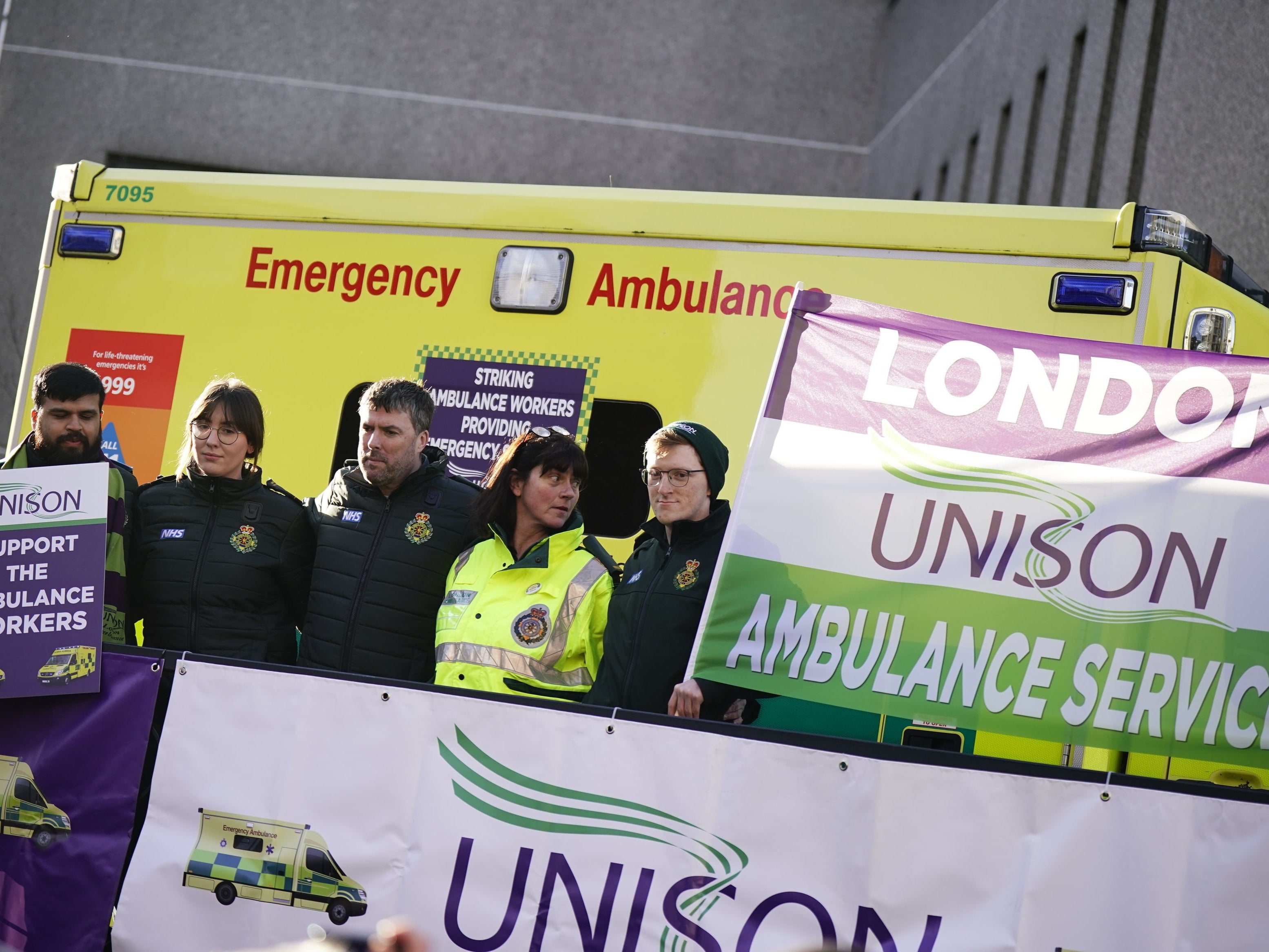 Ambulance workers on the picket line outside London Ambulance Service NHS Trust control room in Waterloo, London