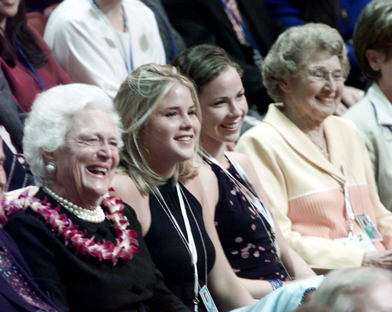 Former First Lady Barbara Bush, Barbara and Jenna Bush, and Jenna Welch, mother of Laura Bush attend the first night session of the Republican National Convention on 31 July, 2000