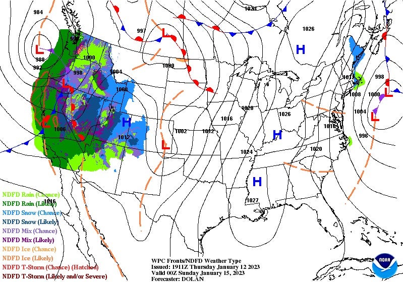 NOAA forecast for the continental United States 15 January 2023