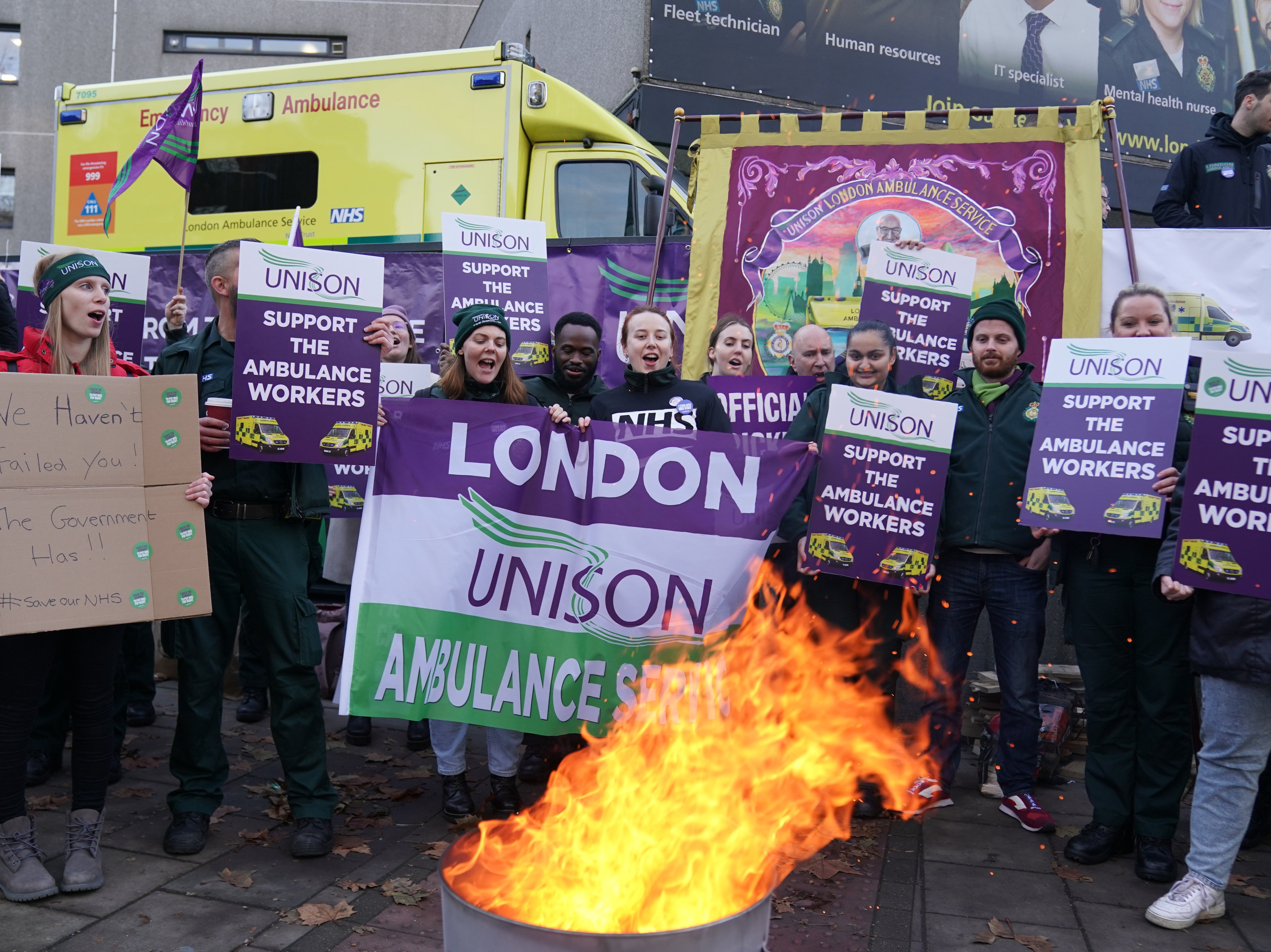 Ambulance workers on the picket line outside Waterloo ambulance station in December