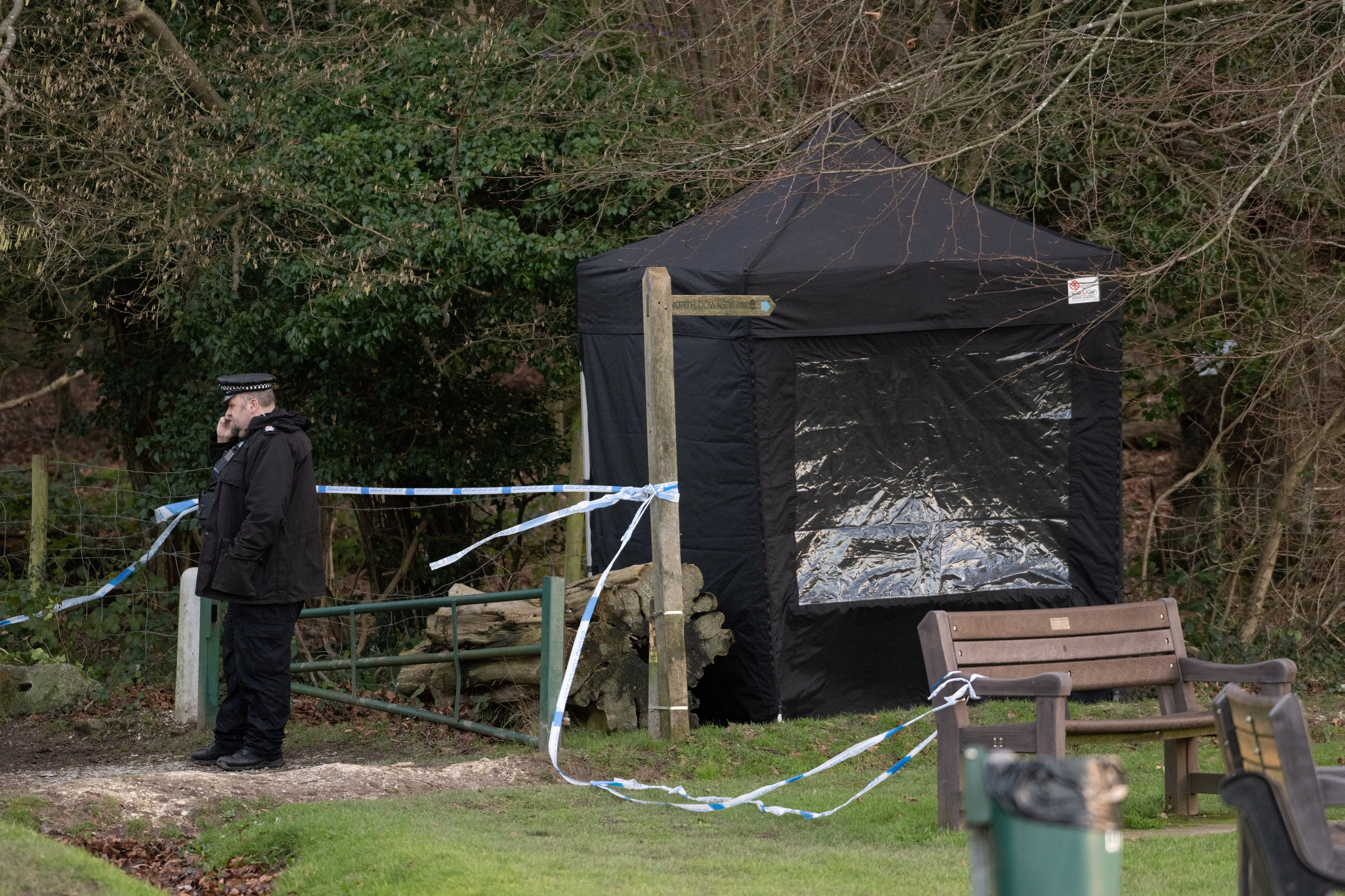 Police Corden in place where a woman has been killed yesterday after a dog attack. Caterham, Surrey, 13th January 2023