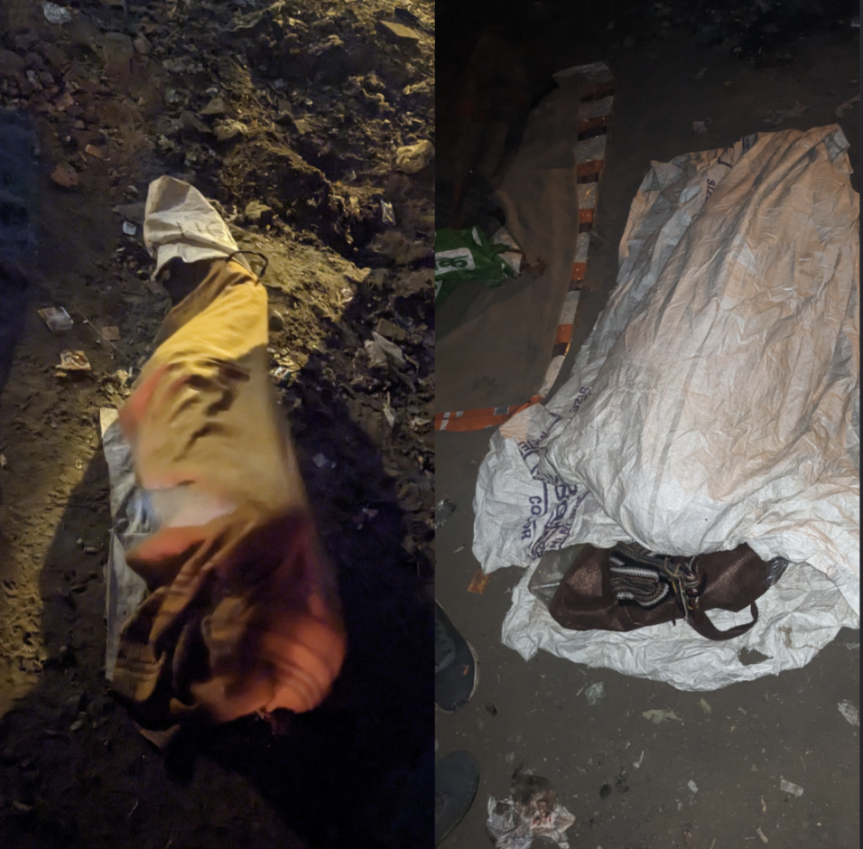 A man, left, sleeps covering his legs in a plastic bag as another uses a material made of plastic threads used for making heavy duty carry bags as a cover