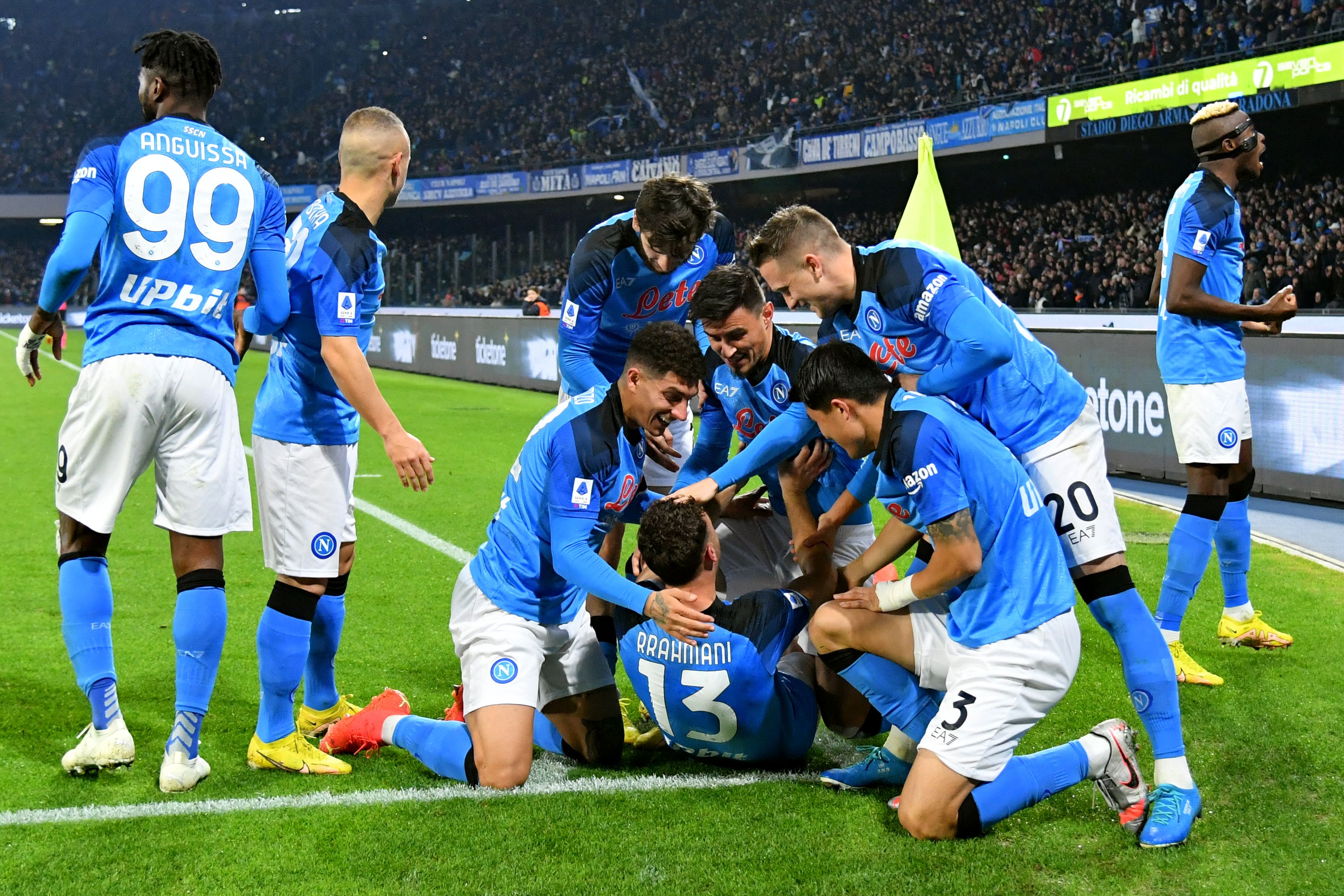 Napoli’s Kosovan defender Amir Rrahmani celebrates with teammates