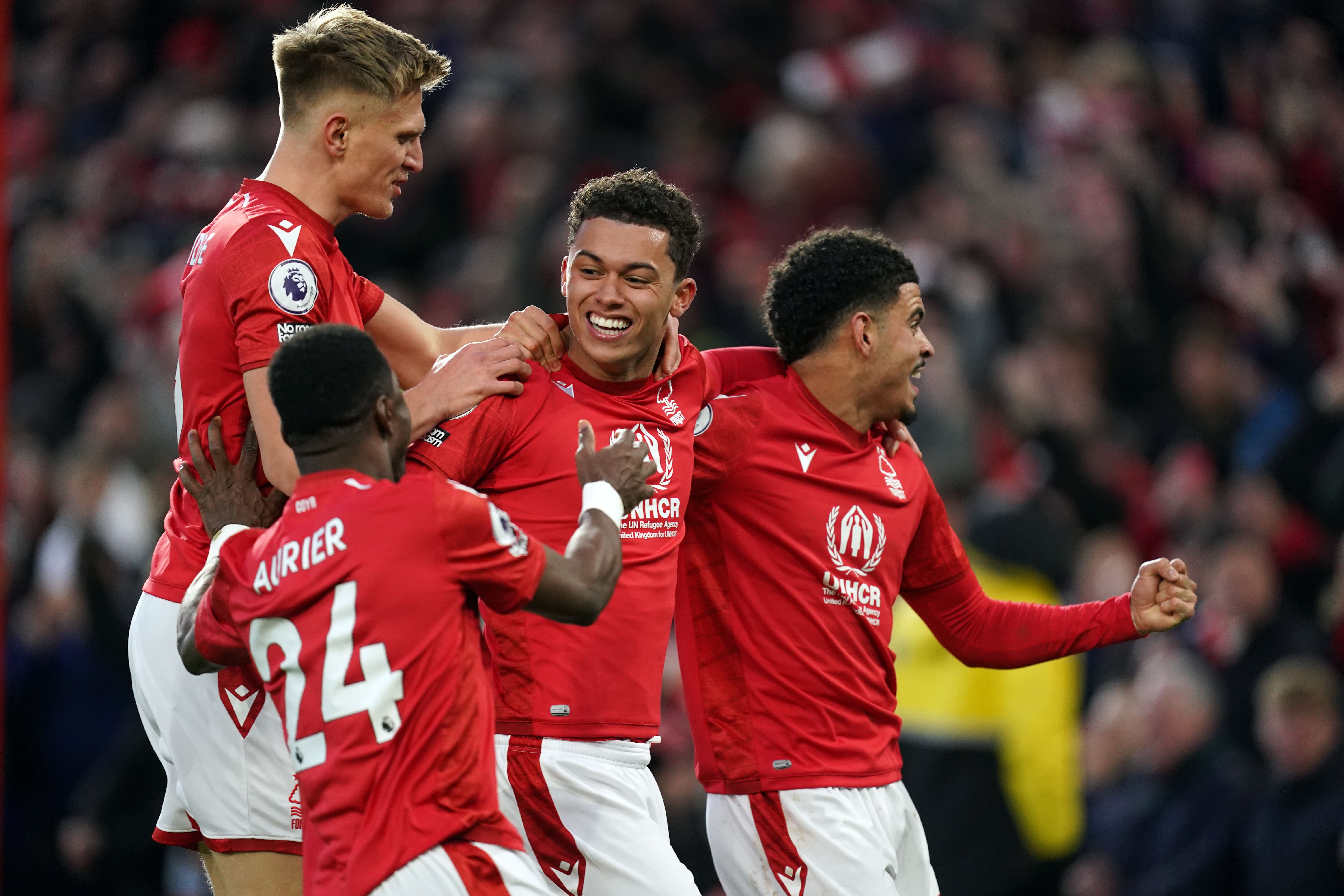 Brennan Johnson, centre, scored twice as Nottingham Forest beat Leicester 2-0 at the City Ground (Mike Egerton/PA)