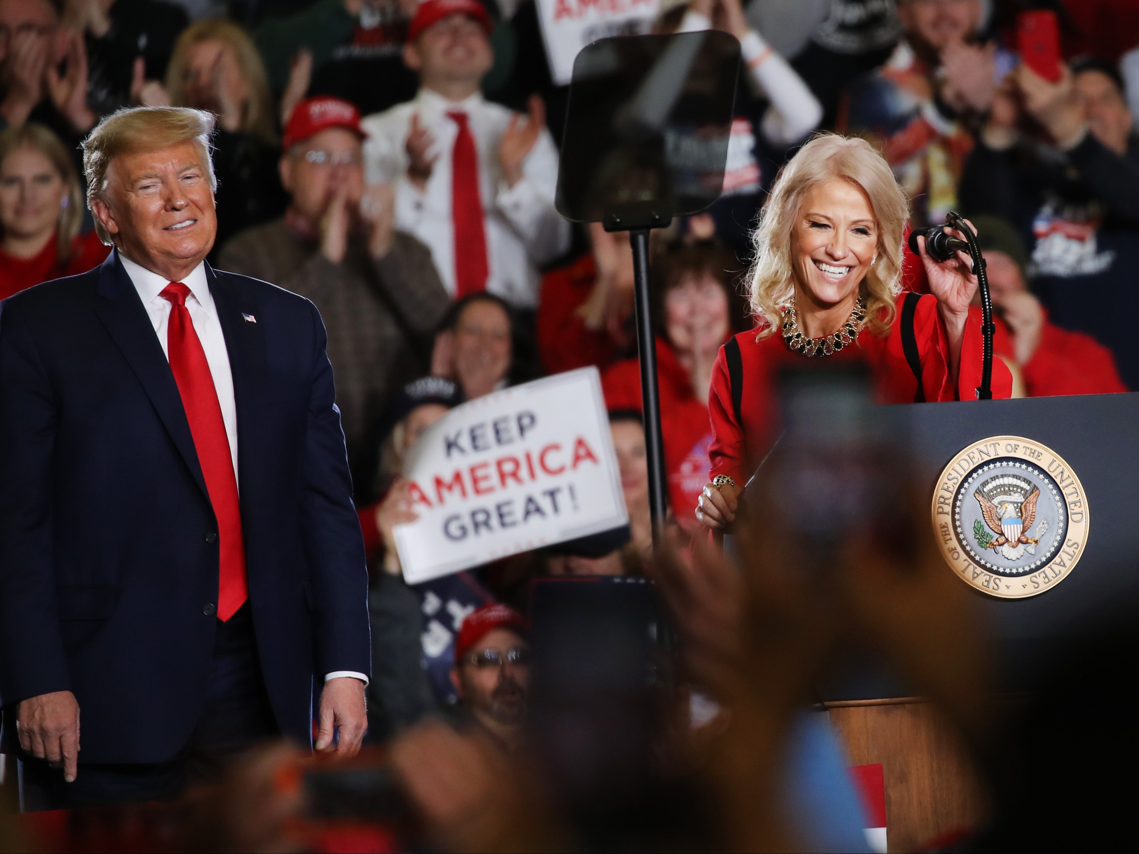 Kellyanne Conway joins President Donald Trump at a Keep America Great Rally on January 28, 2020 in Wildwood, New Jersey