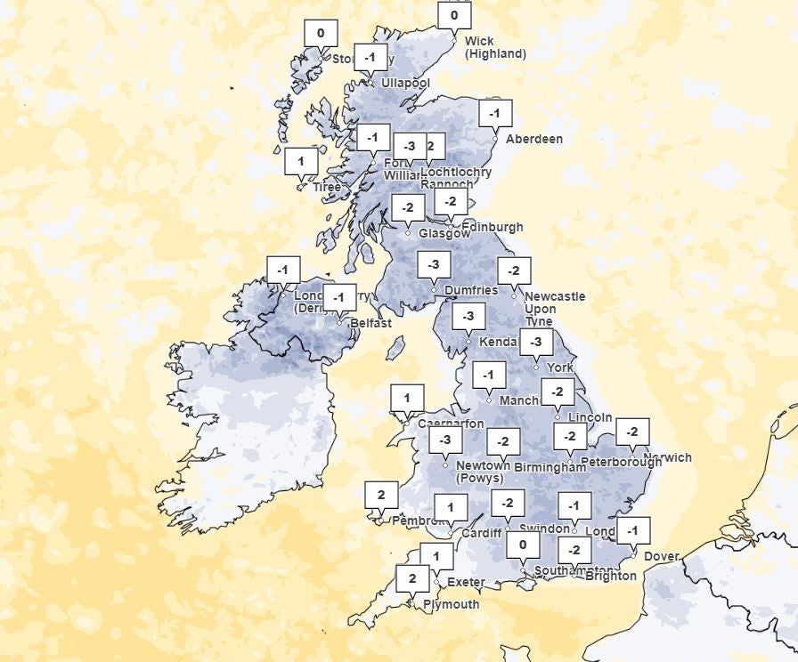 Temperatures are forecast to drop as low as -4C