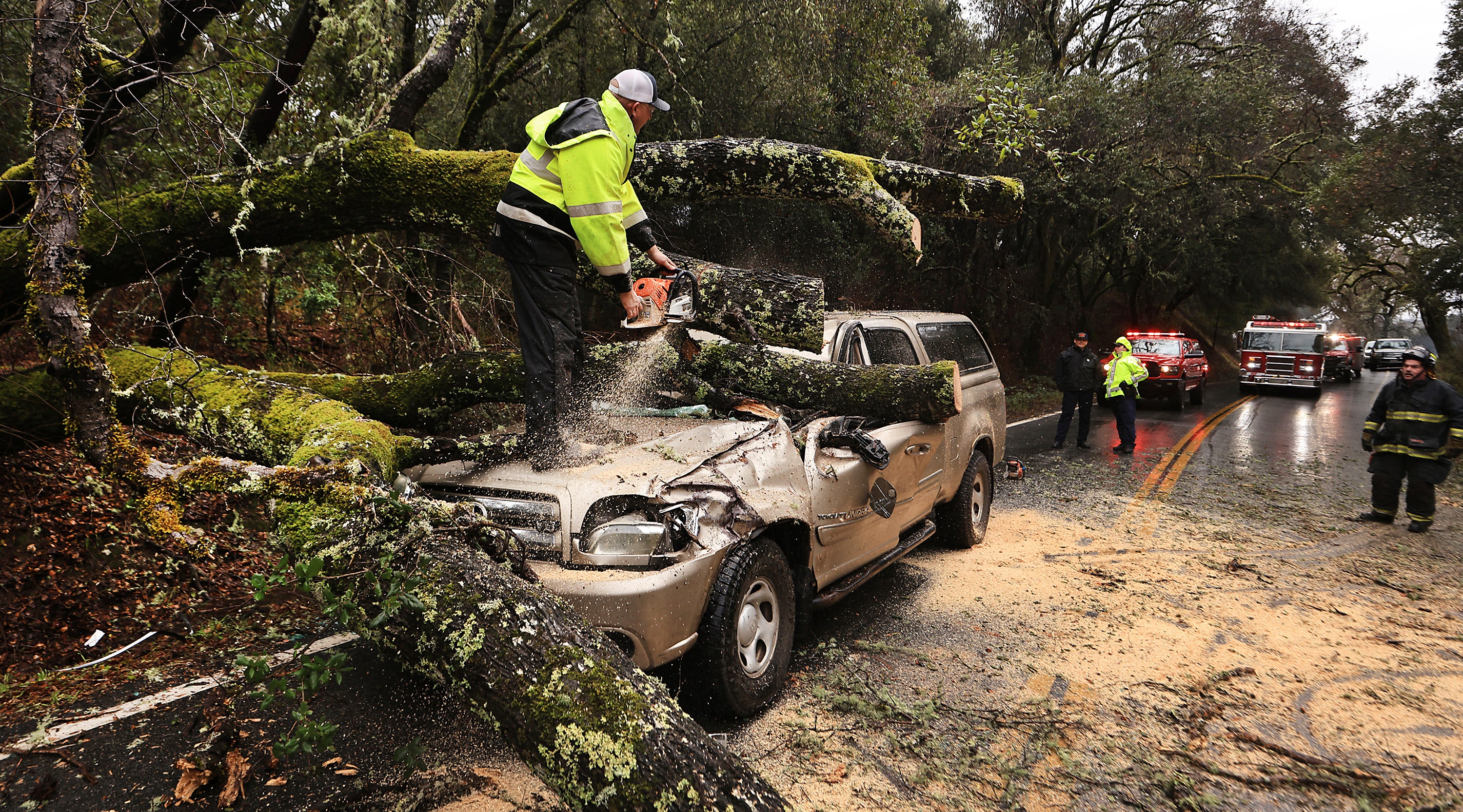 Hopland Volunteer Fire Department chief Mitch Franklin cuts away a large oak tree that fell on a vehicle last weekend, leaving the driver injured