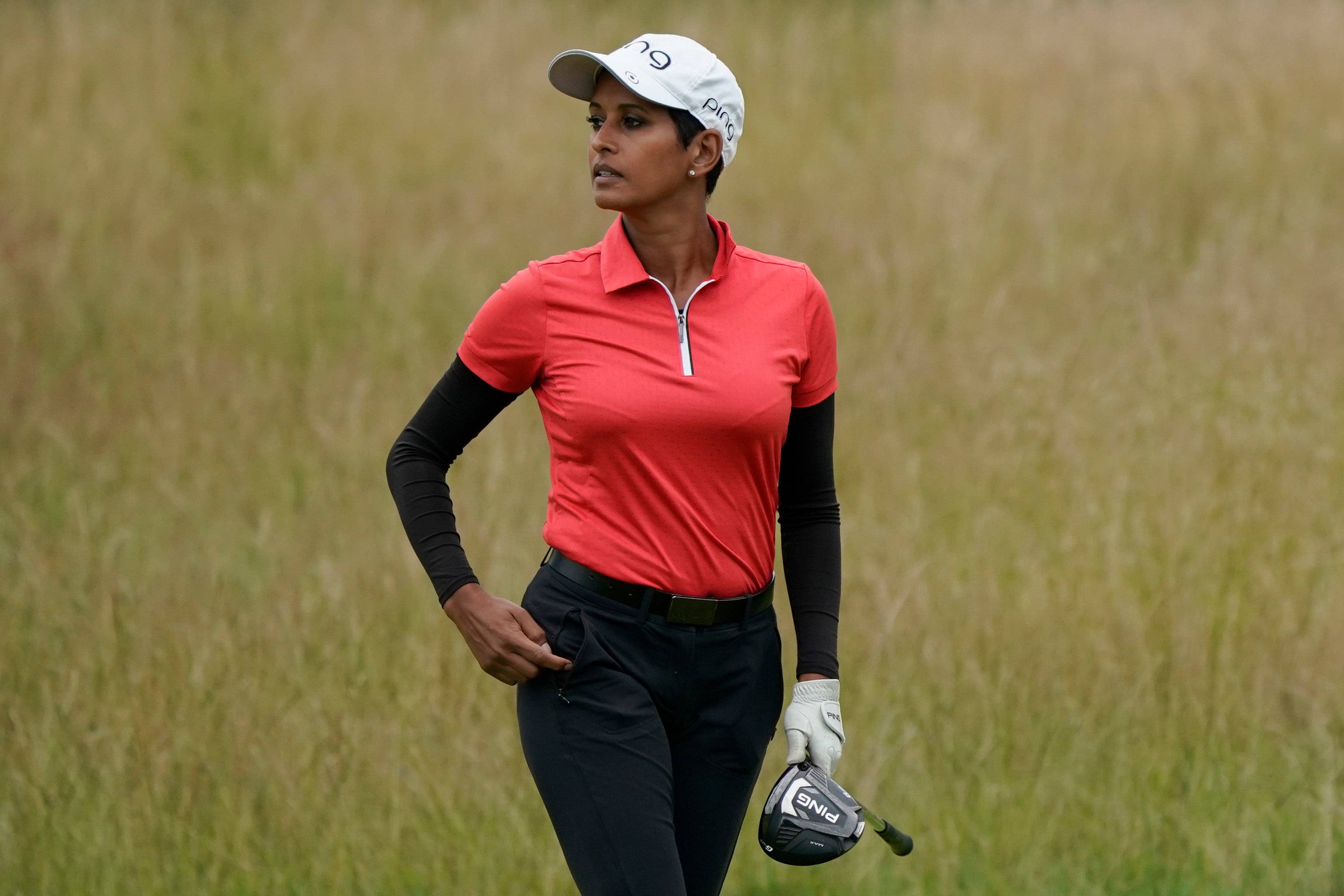 Keen golfer Naga Munchetty in action prior to the JCB Championship in July 2022