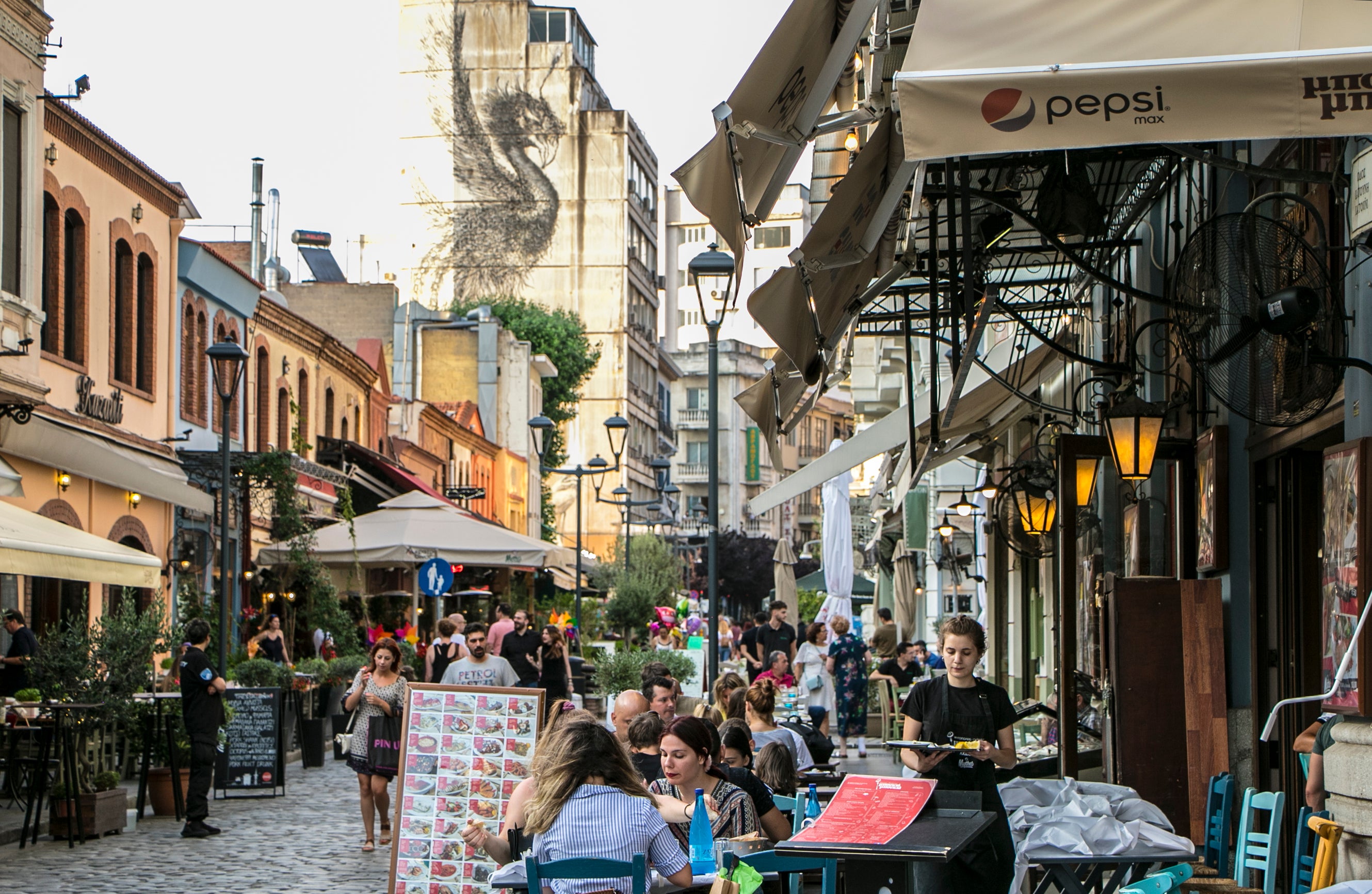 Locals dining outside in Thessaloniki