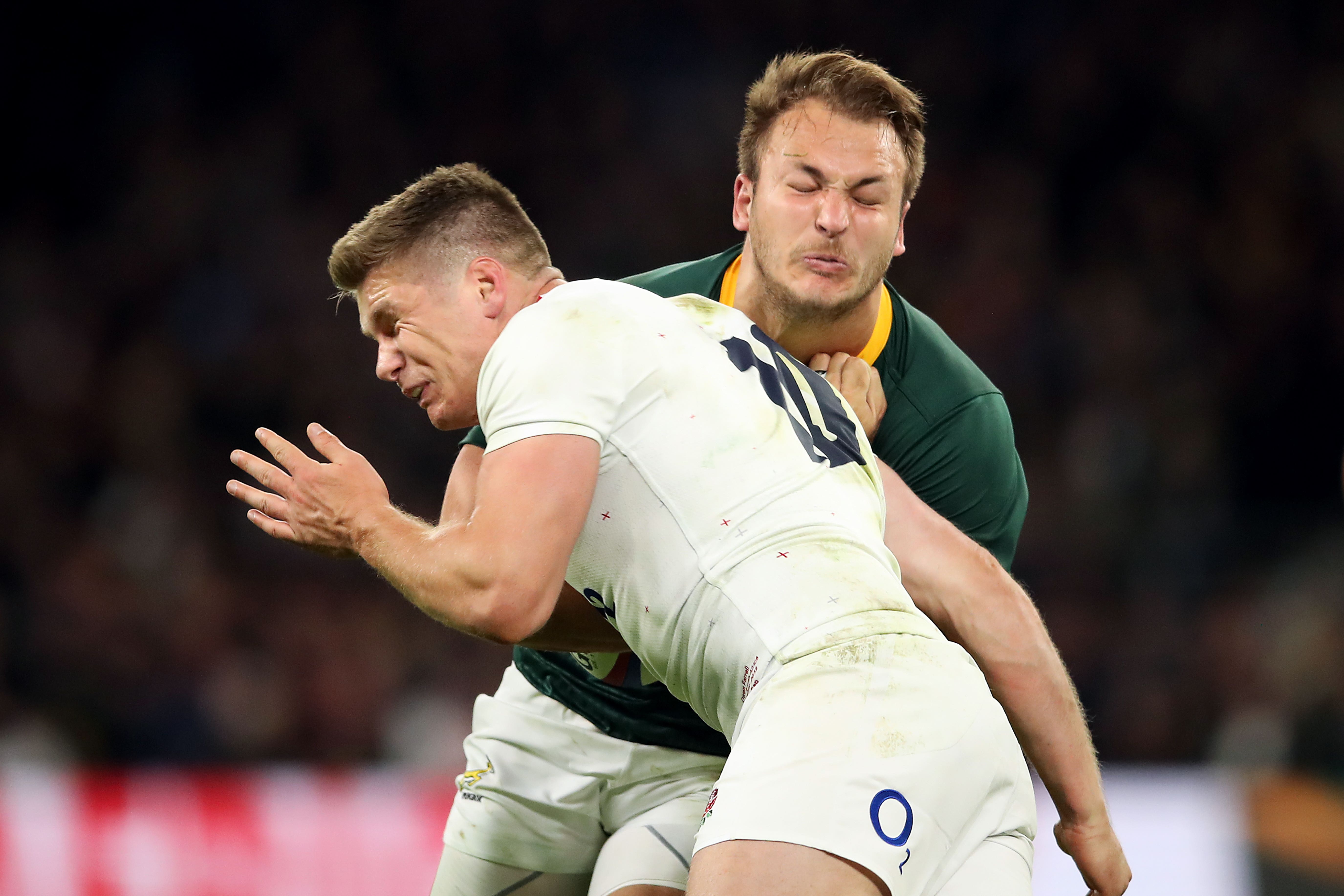 Owen Farrell tackles South Africa’s Andre Esterhuizen (Adam Davy/PA)