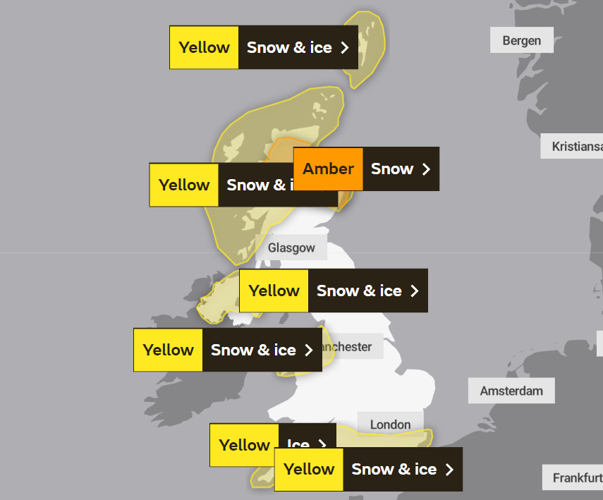 Amber and yellow weather warnings have been issued across the country as the wintry weather descends