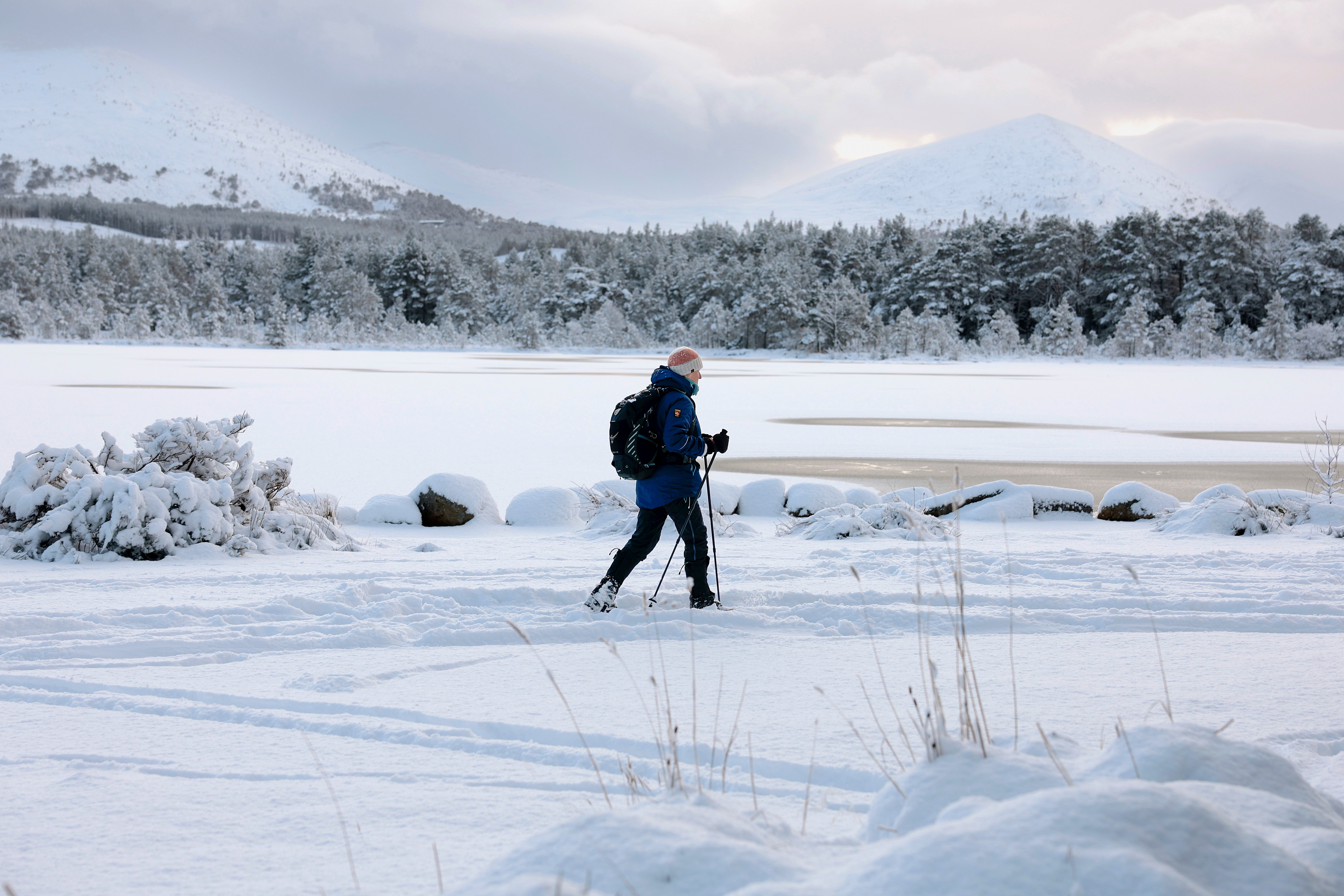 Snow on Loch Morlich in Aviemore in the Highlands