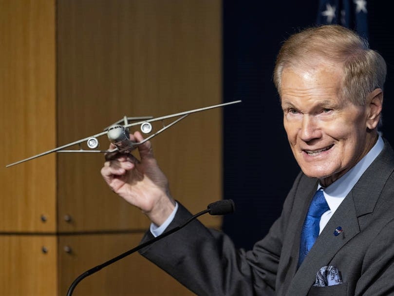 Nasa Administrator Bill Nelson holds a model of an aircraft with a Transonic Truss-Braced Wing during a news conference on Nasa’s Sustainable Flight Demonstrator project, Wednesday, 18 January, 2023