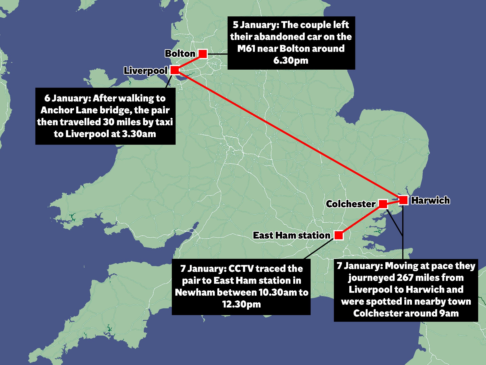 The missing pair travelled more than 200 miles across England