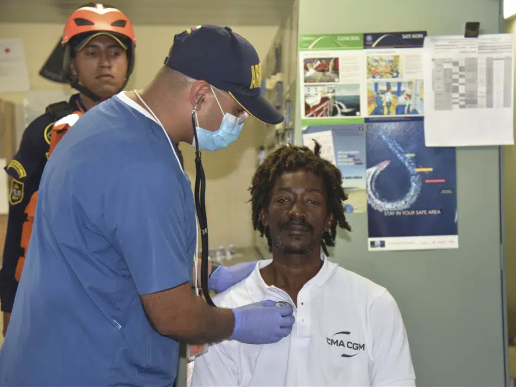 Elvis Francois, 47, is checked by Columbian naval medical personnel after spending 24 days lost at sea