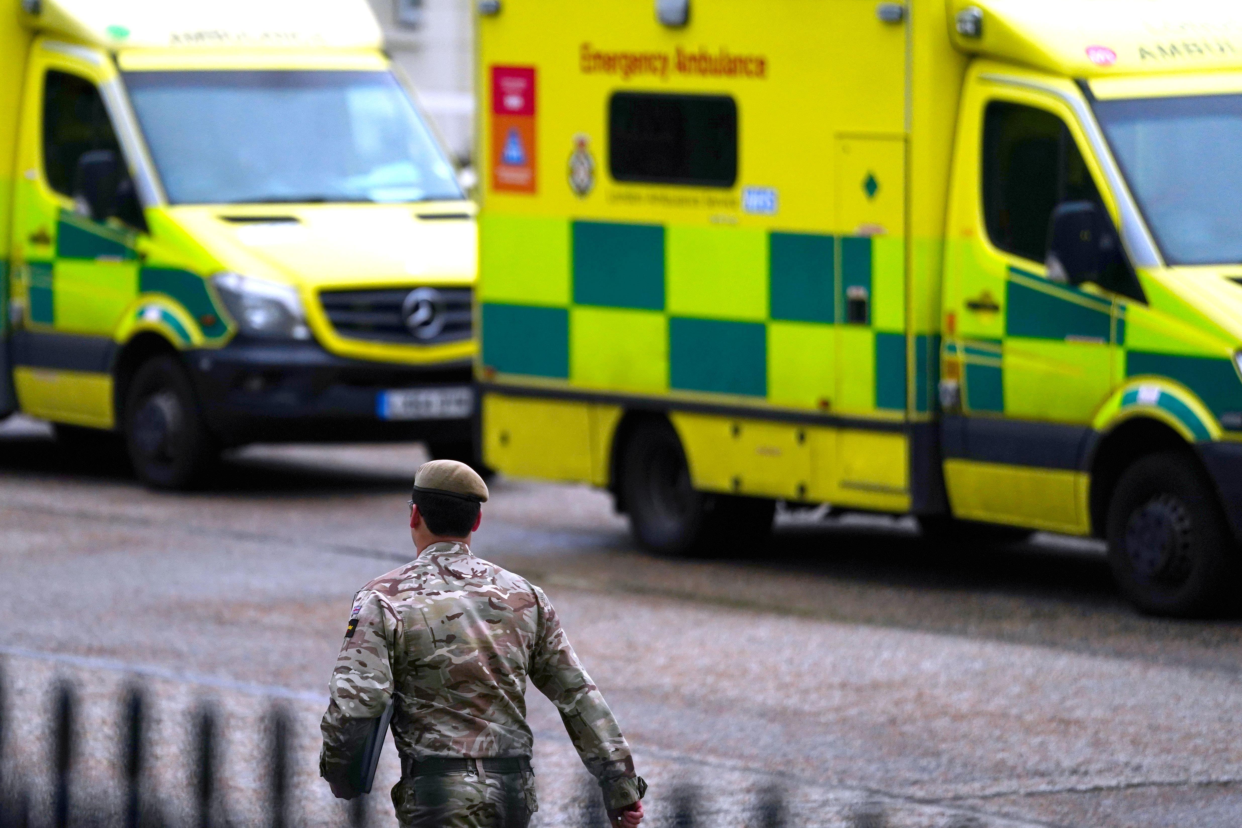 Ambulances in the grounds of Wellington Barracks, central London,