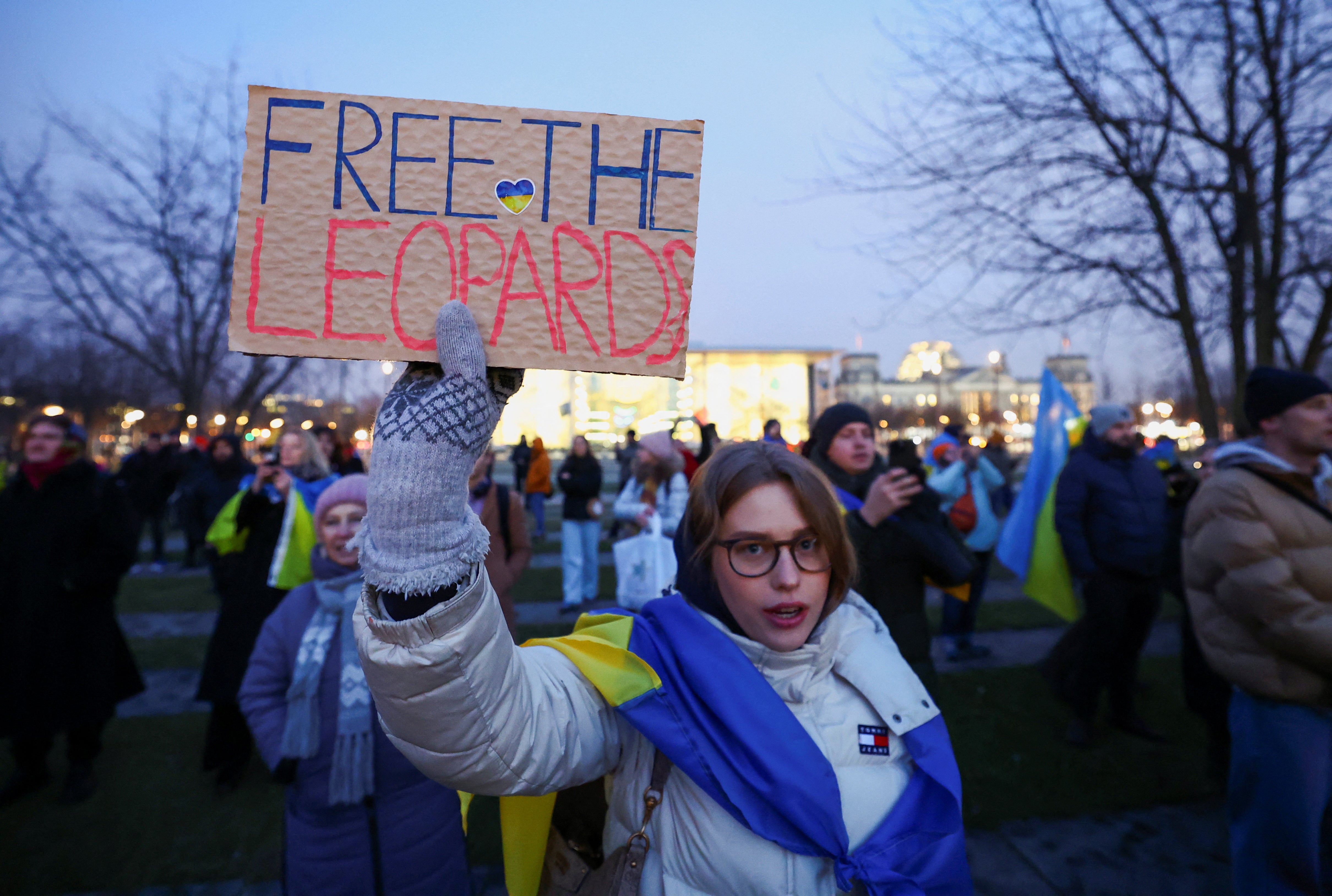 Protesters calling for Leopard combat tanks to support the Ukrainian military in Berlin, Germany