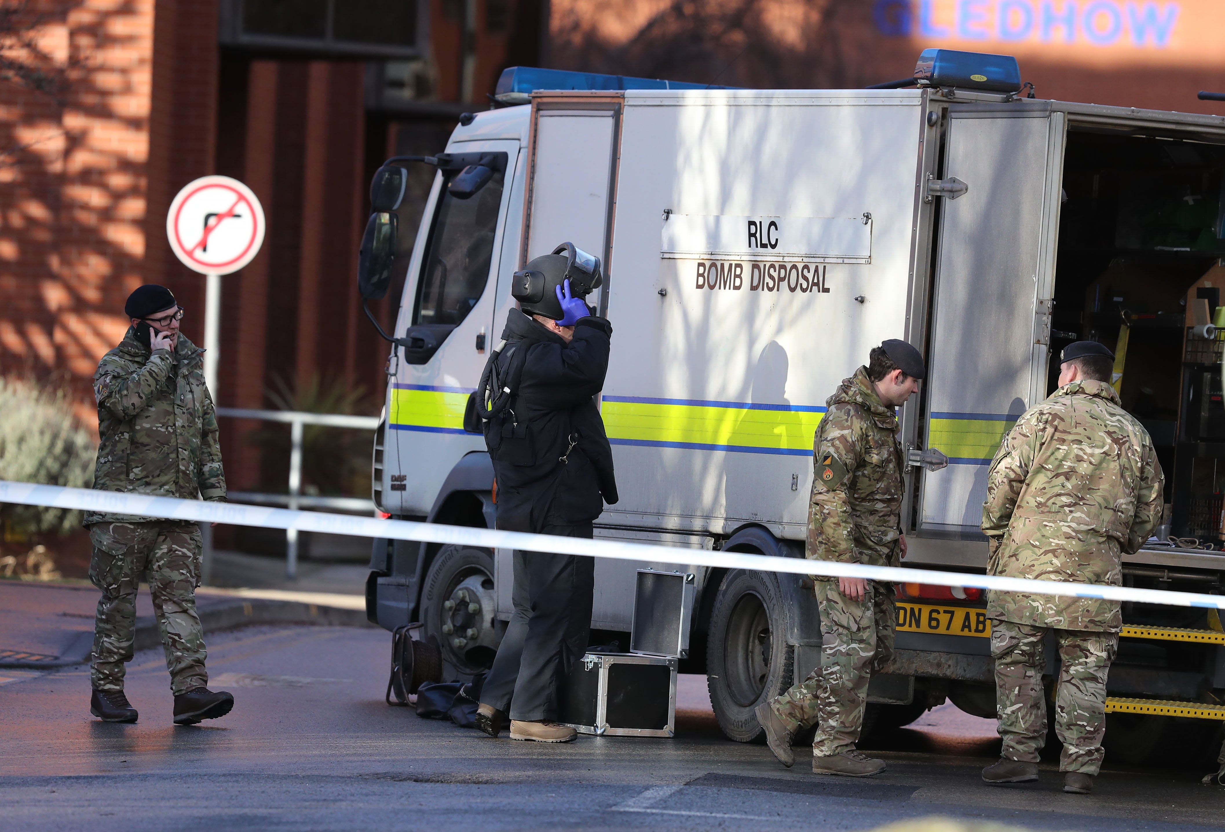 A bomb disposal unit at St James's Hospital, Leeds, where patients and staff were evacuated from some parts of the building following the discovery of a suspicious package outside the Gledhow Wing