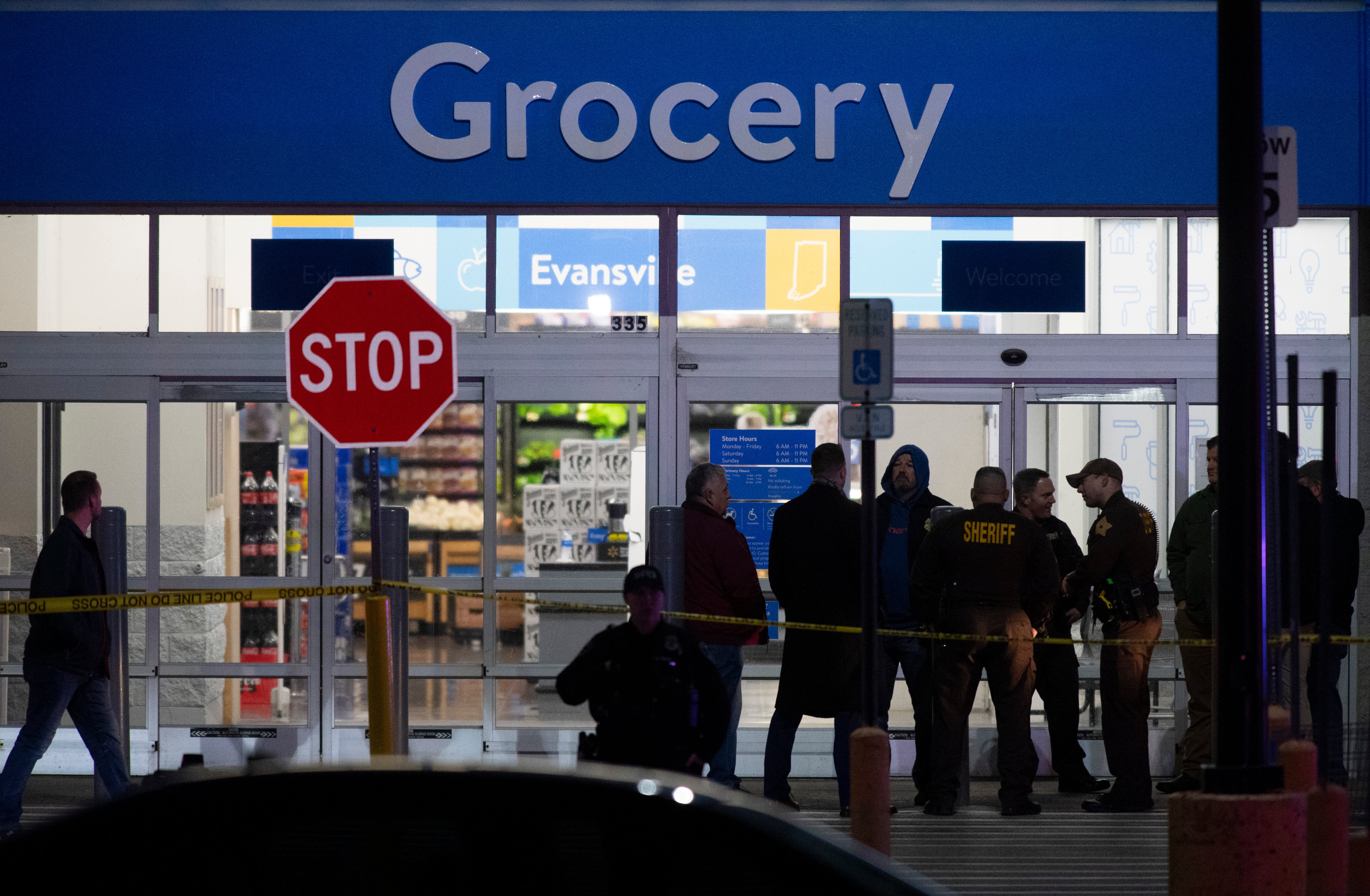 Emergency responders at the scene of a shooting at the West Side Walmart in Evansville, Indiana