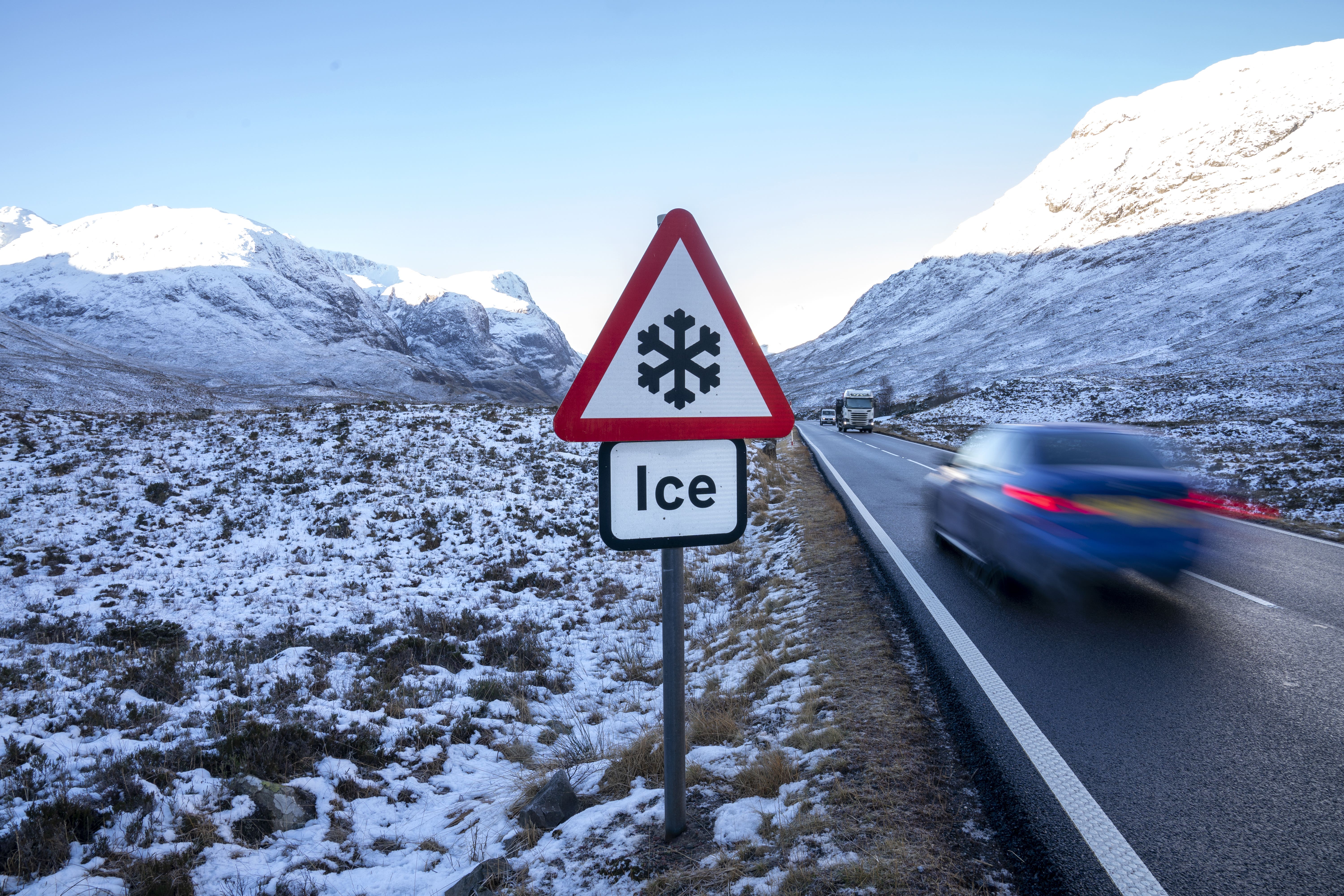 A road warning sign for ice on the A82 through Glencoe (Jane Barlow/PA)