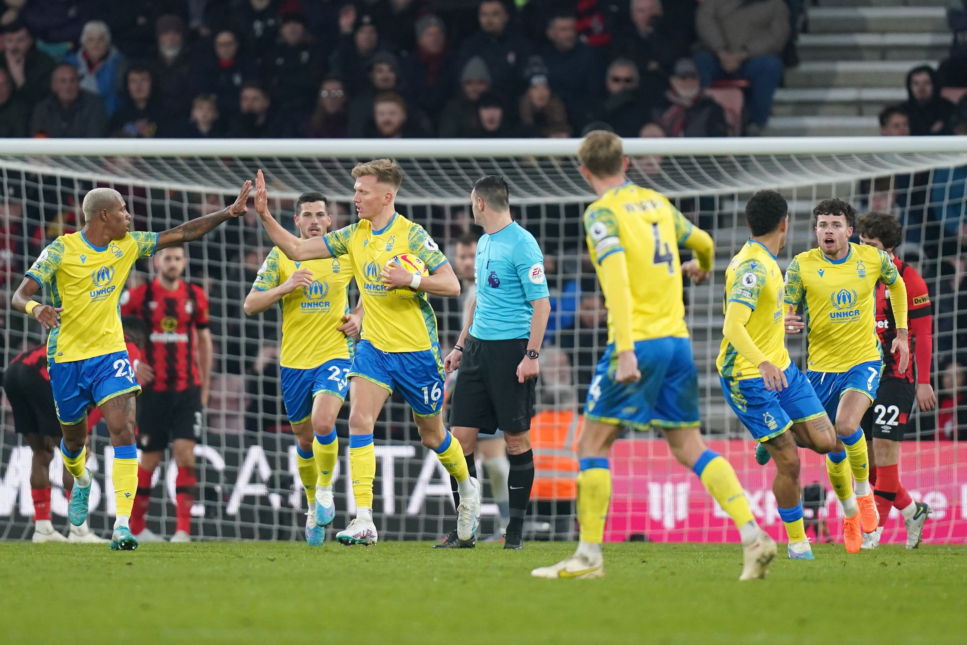 Sam Surridge celebrates scoring Nottingham Forest’s equaliser against Bournemouth (Adam Davy/PA)