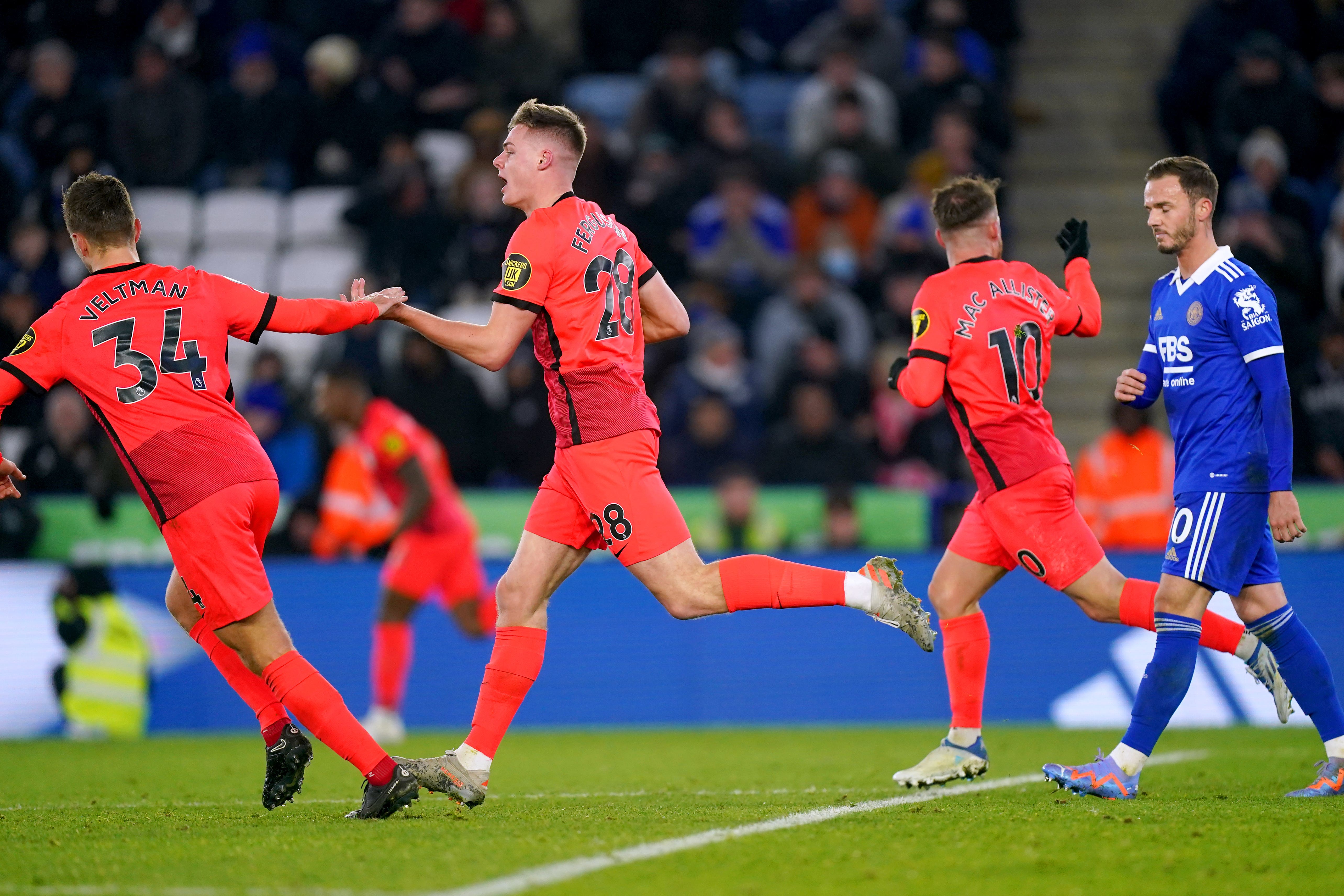 Brighton’s Evan Ferguson (centre) scored a late leveller at Leicester (Mike Egerton/PA)