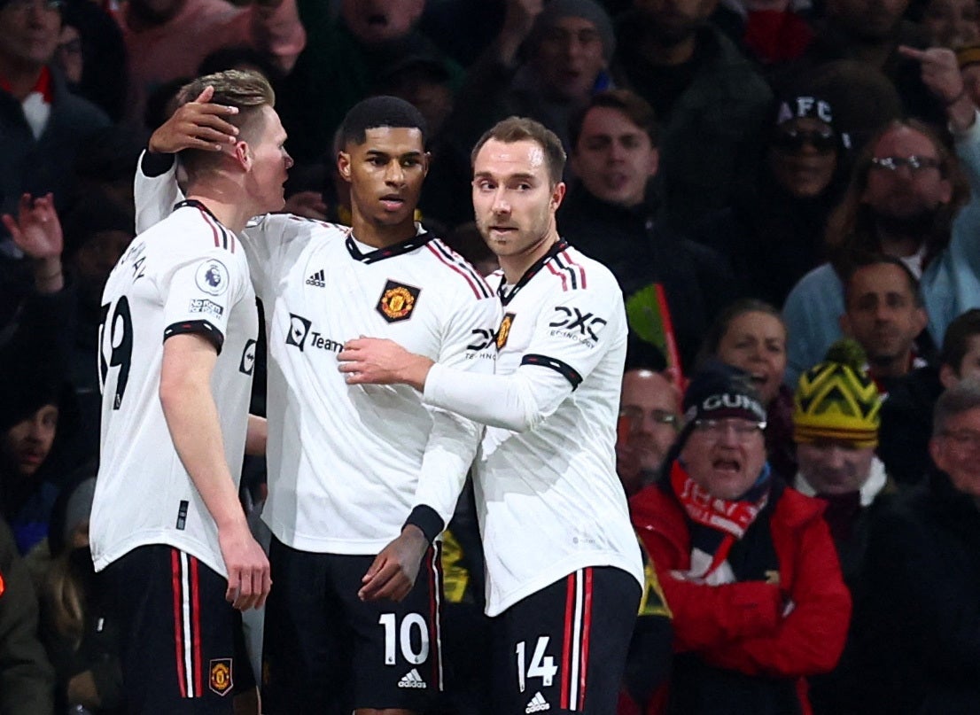 Manchester United celebrate Marcus Rashford’s opening goal