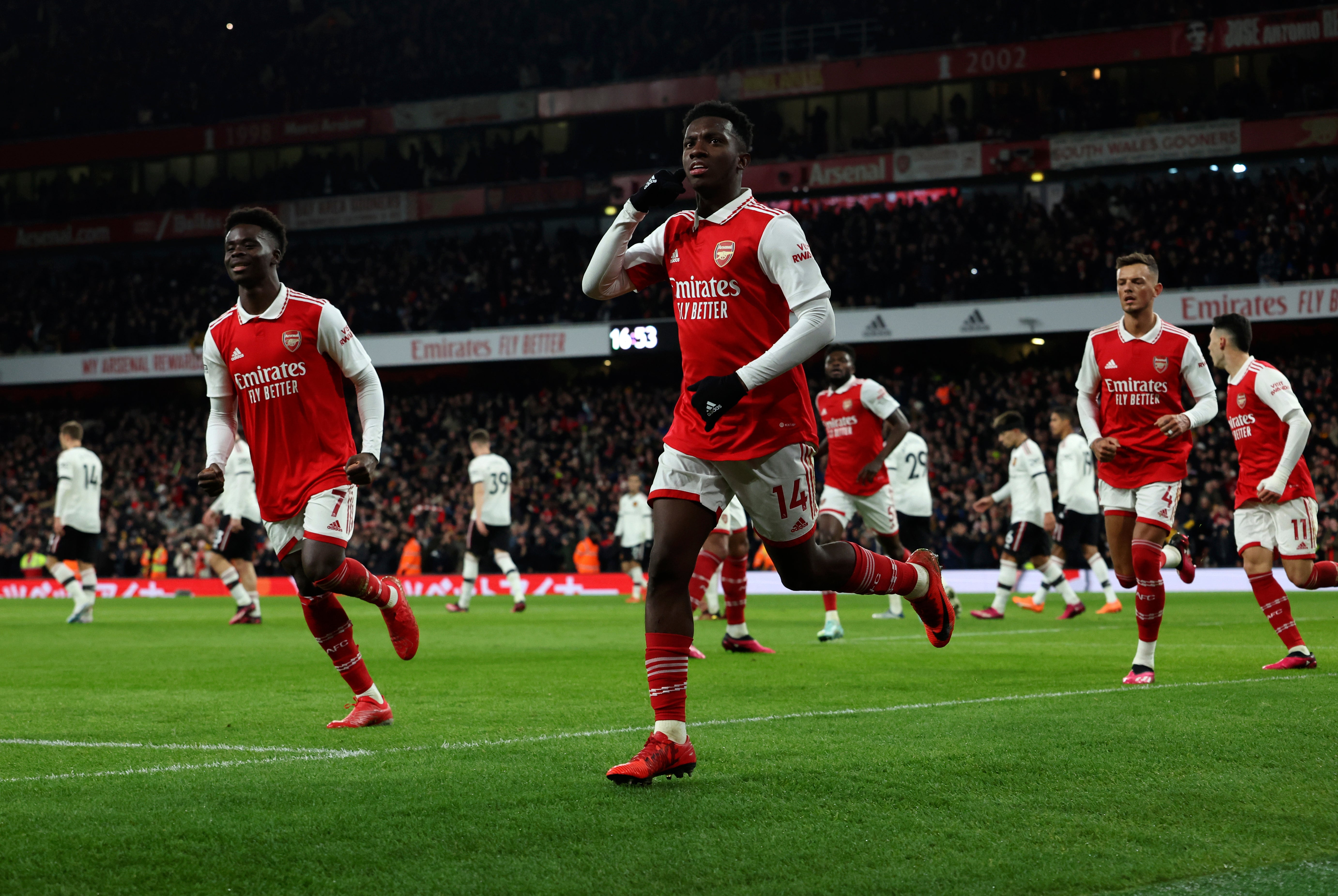 Eddie Nketiah scores the opening goal for the Gunners