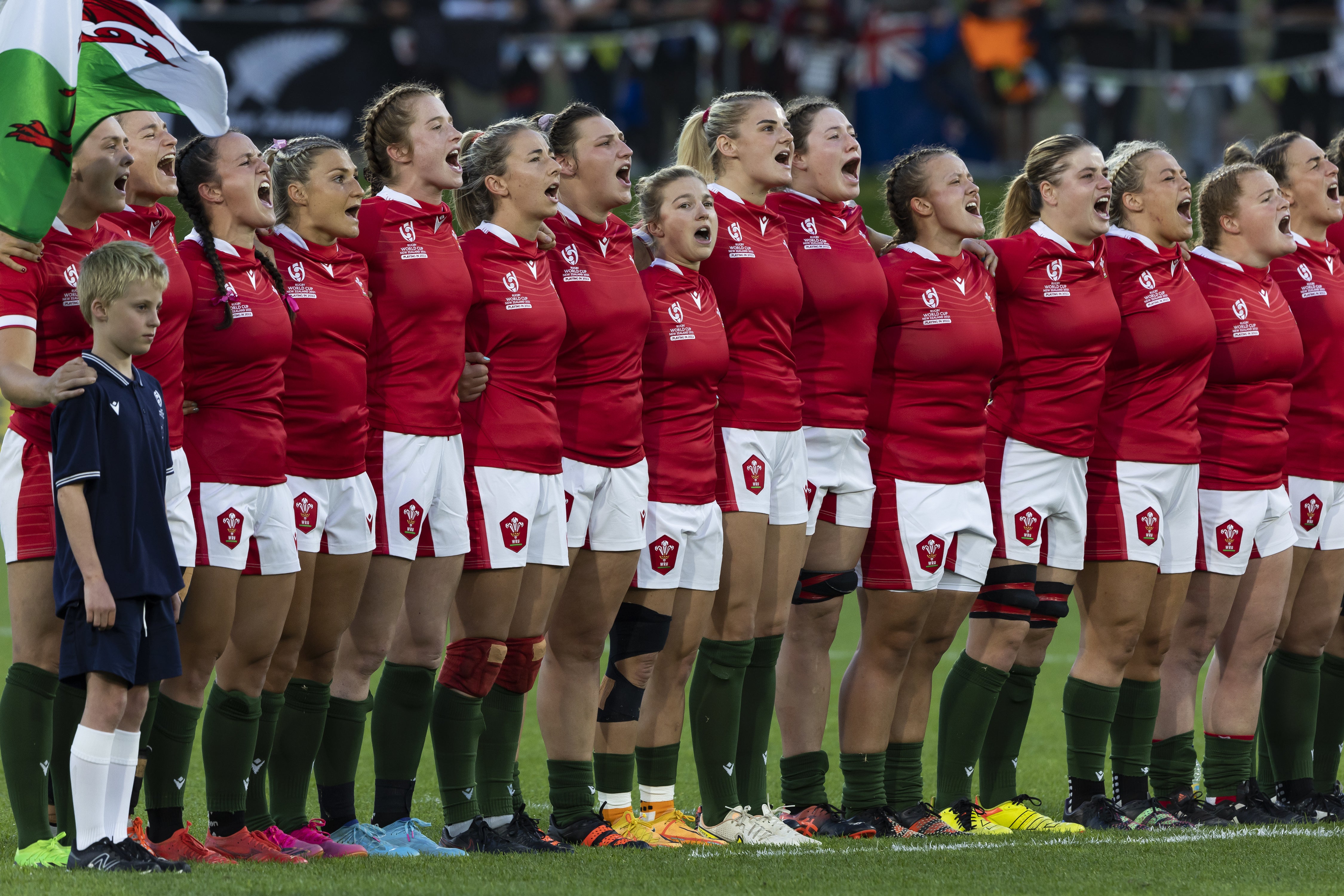 Wales during the national anthems before the Women's Rugby World Cup Quarter-final match in New Zealand