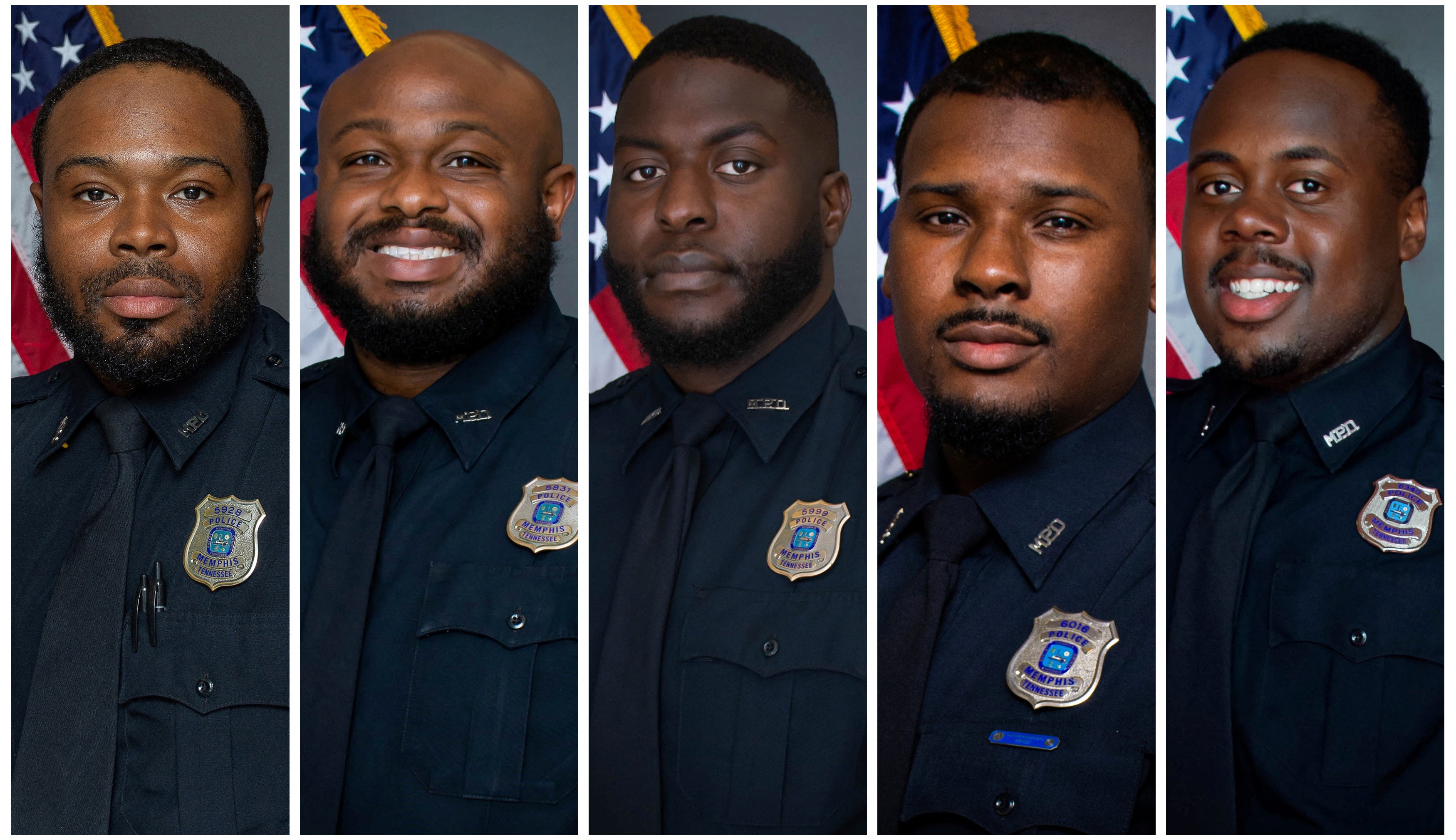 From left are officers Demetrius Haley, Desmond Mills, Jr., Emmitt Martin III, Justin Smith and Tadarrius Bean