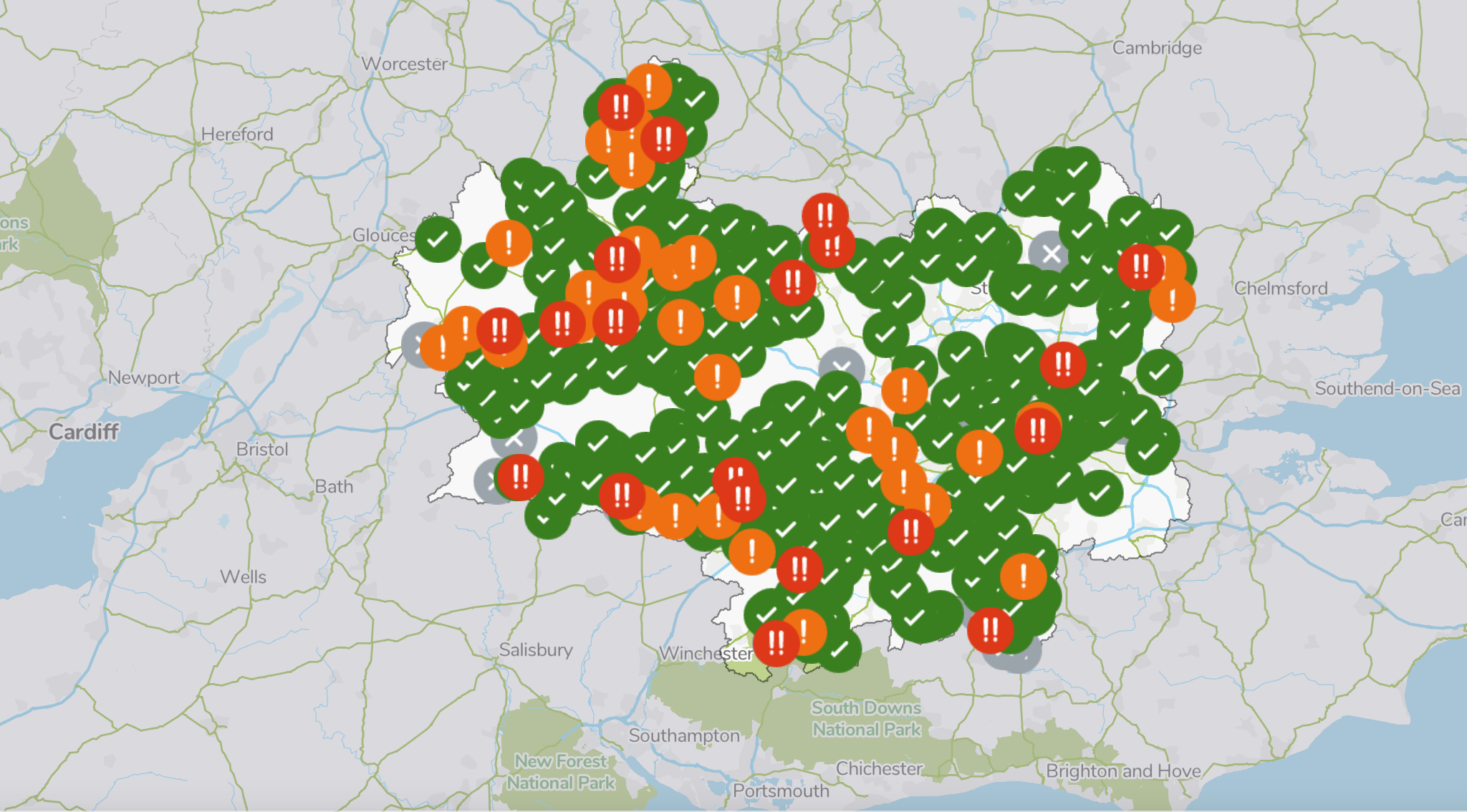 Thames Water’s map: Locations in red represent ongoing sewage flows, while those in orange have stopped within the last 48 hours