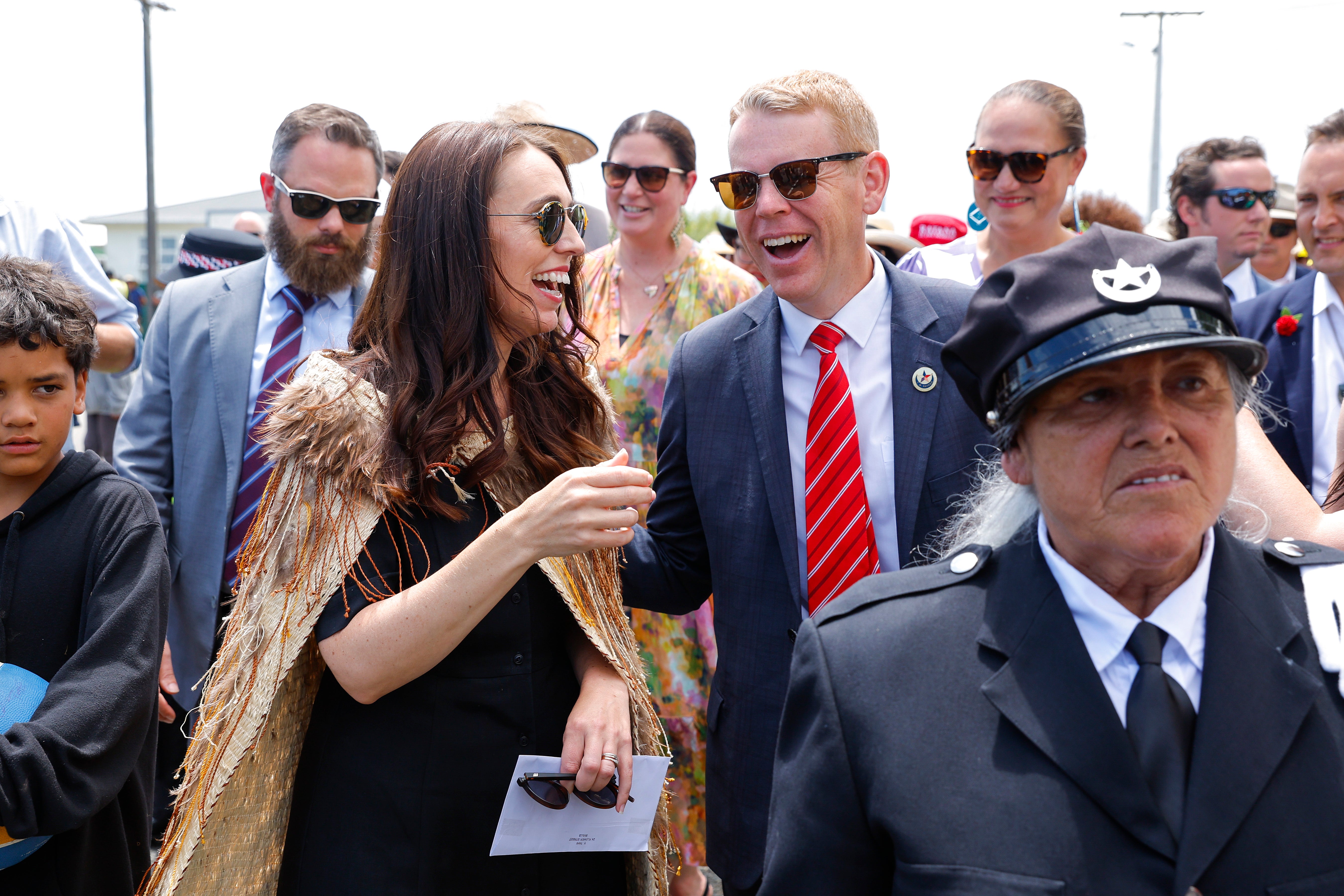 Jacinda Ardern and Incoming Labour leader and Prime Minister, Chris Hipkins, arrive during Ratana Celebrations