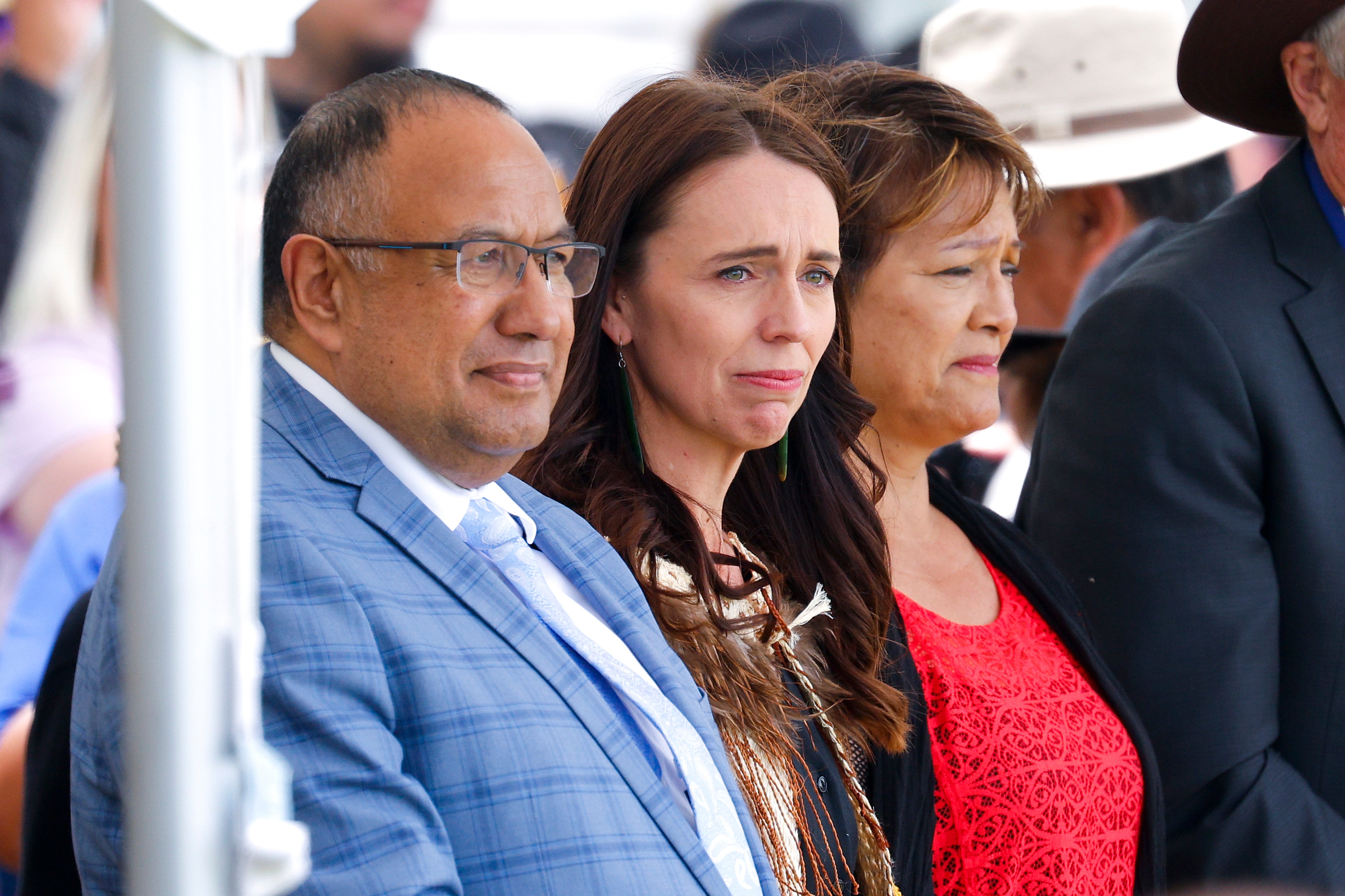 An emotional Jacinda Ardern looks on at the Ratana ground