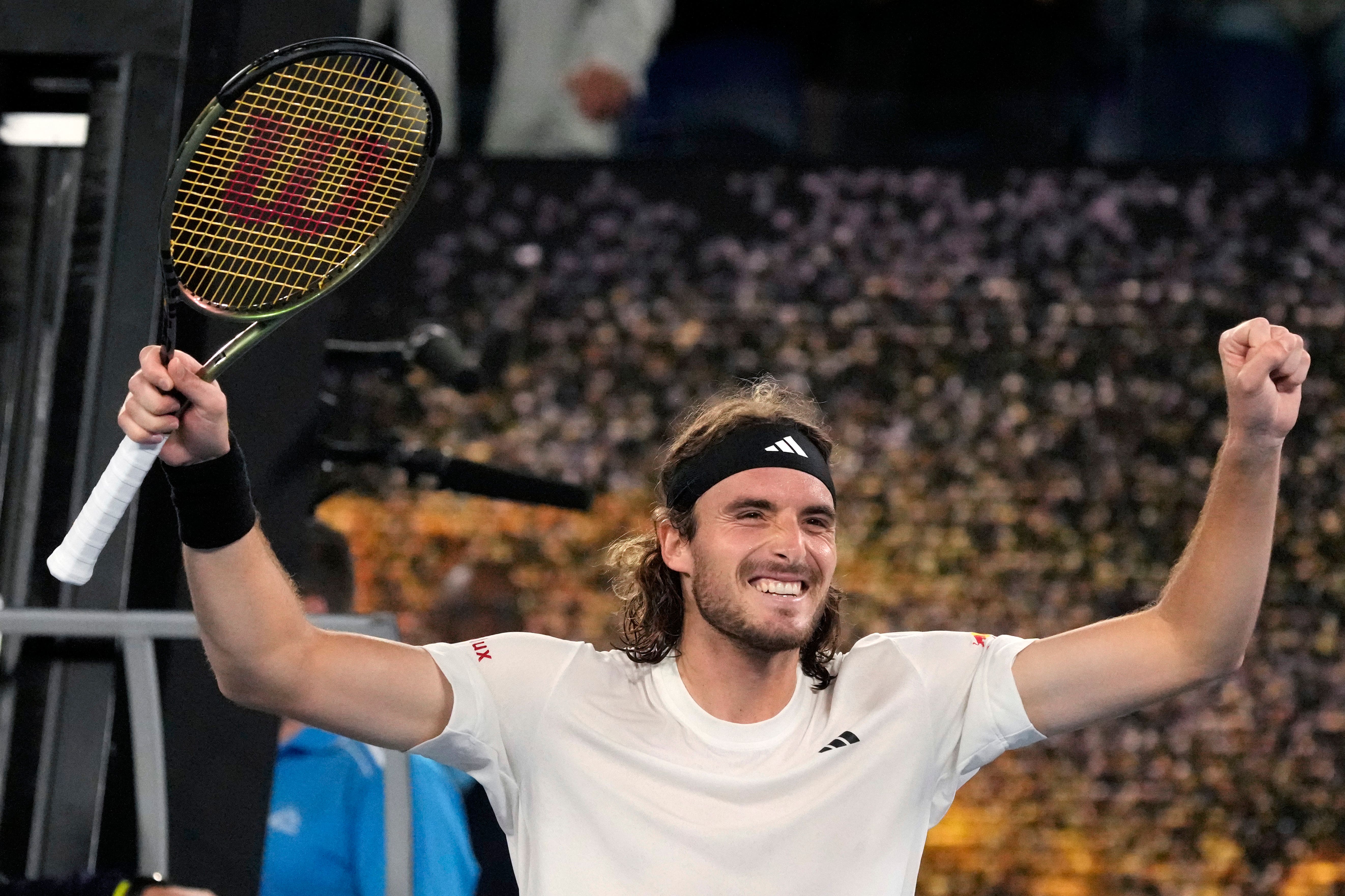 Stefanos Tsitsipas celebrates beating Jiri Lehecka (Aaron Favila/AP)