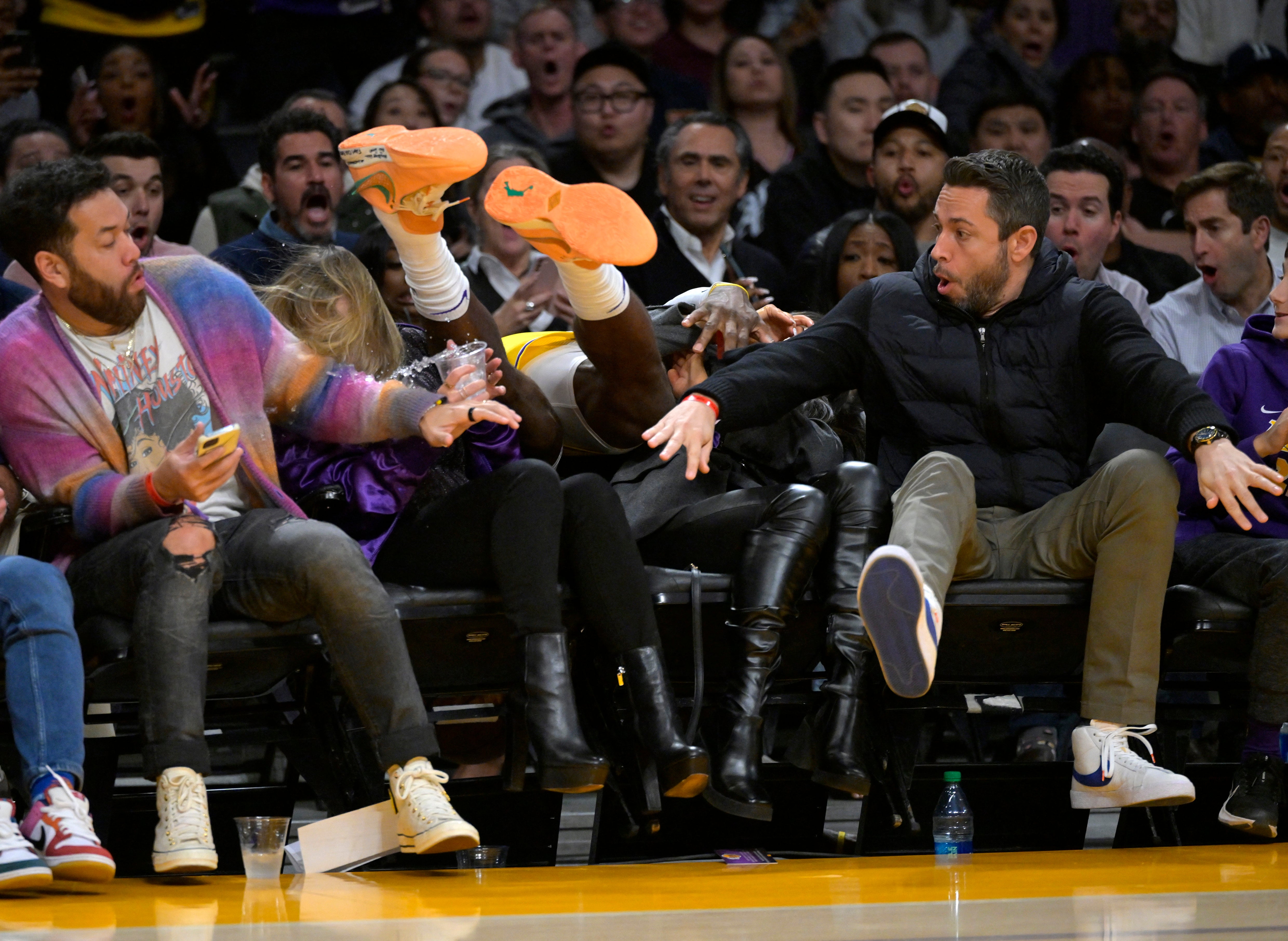 LeBron James lands over the front row of seats