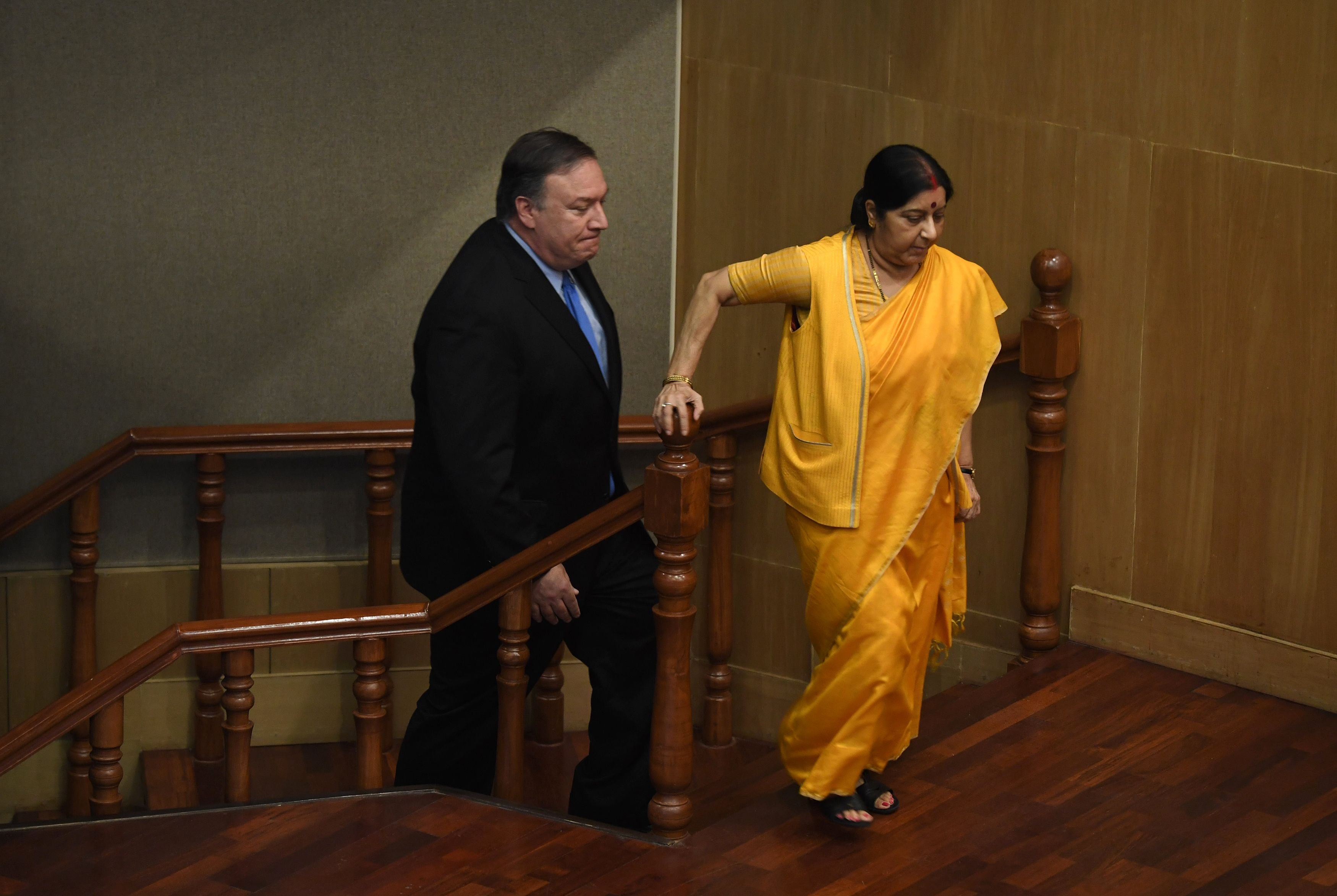 Mike Pompeo referred to Sushma Swaraj (right), who served as India’s first woman foreign minister and had died in 2019, as ‘not an important player on the Indian foreign policy team’ when tensions soared between India and Pakistan