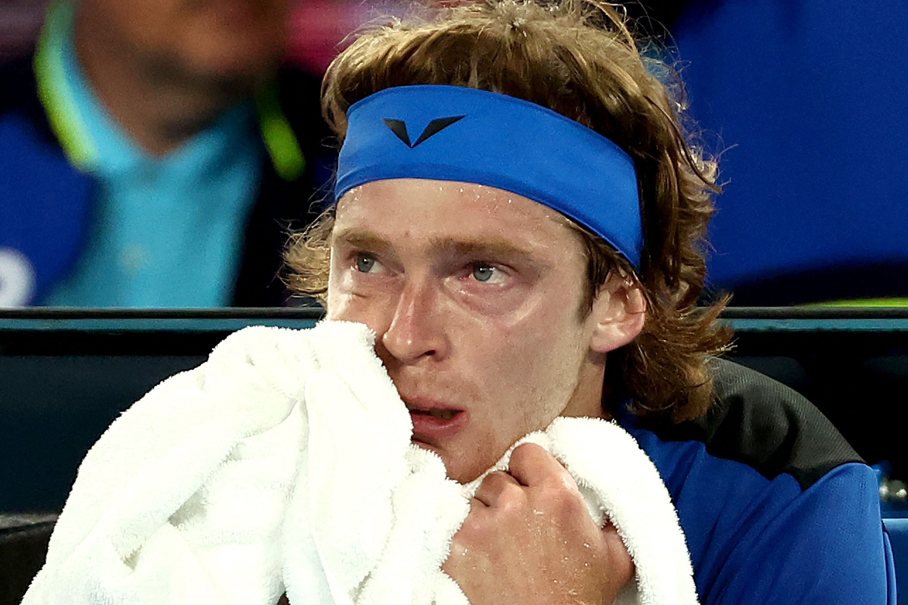 Russia’s Andrey Rublev reacts to defeat