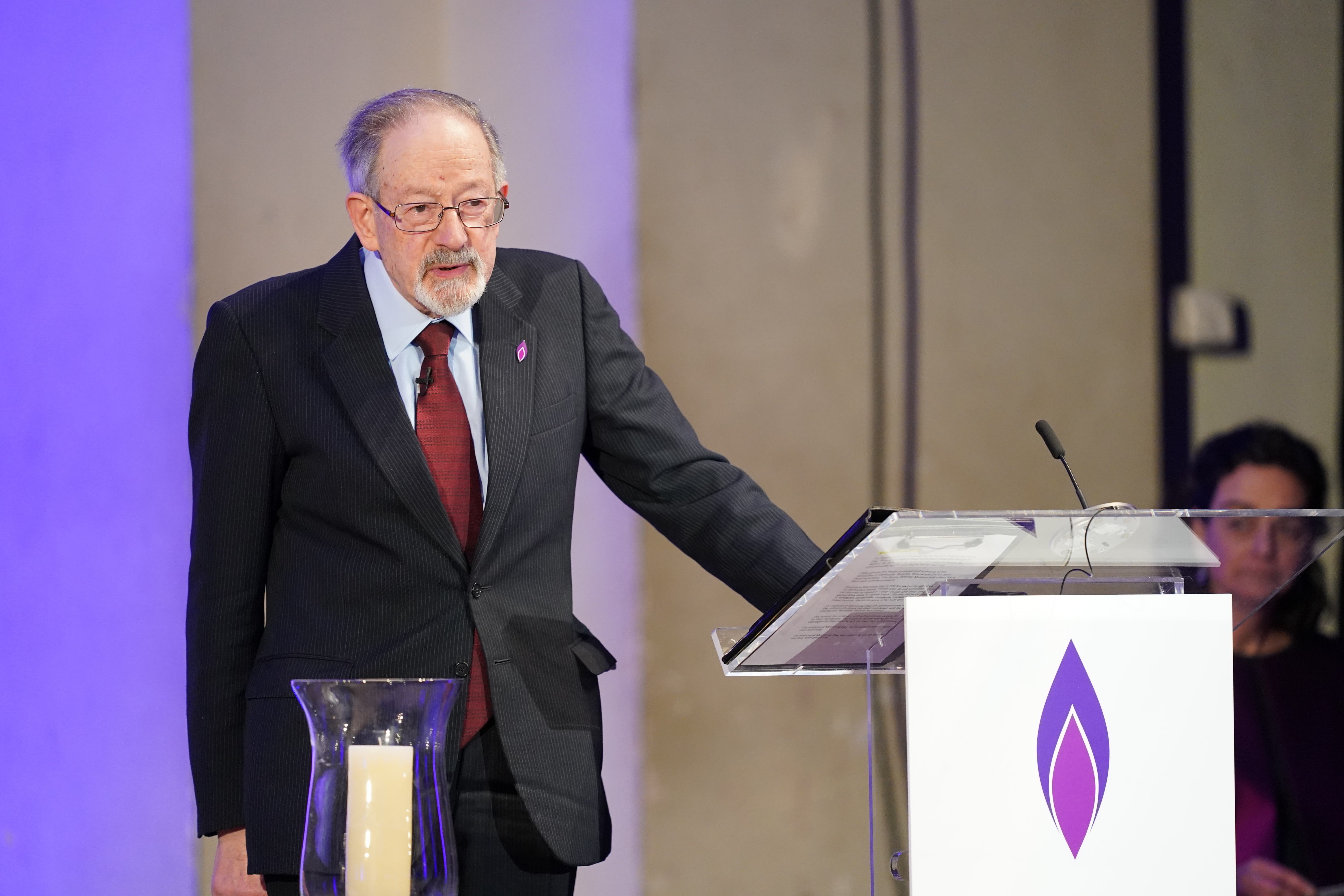 Holocaust survivor Martin Stern speaks at a commemorative ceremony at St John’s Smith Square in London (PA)