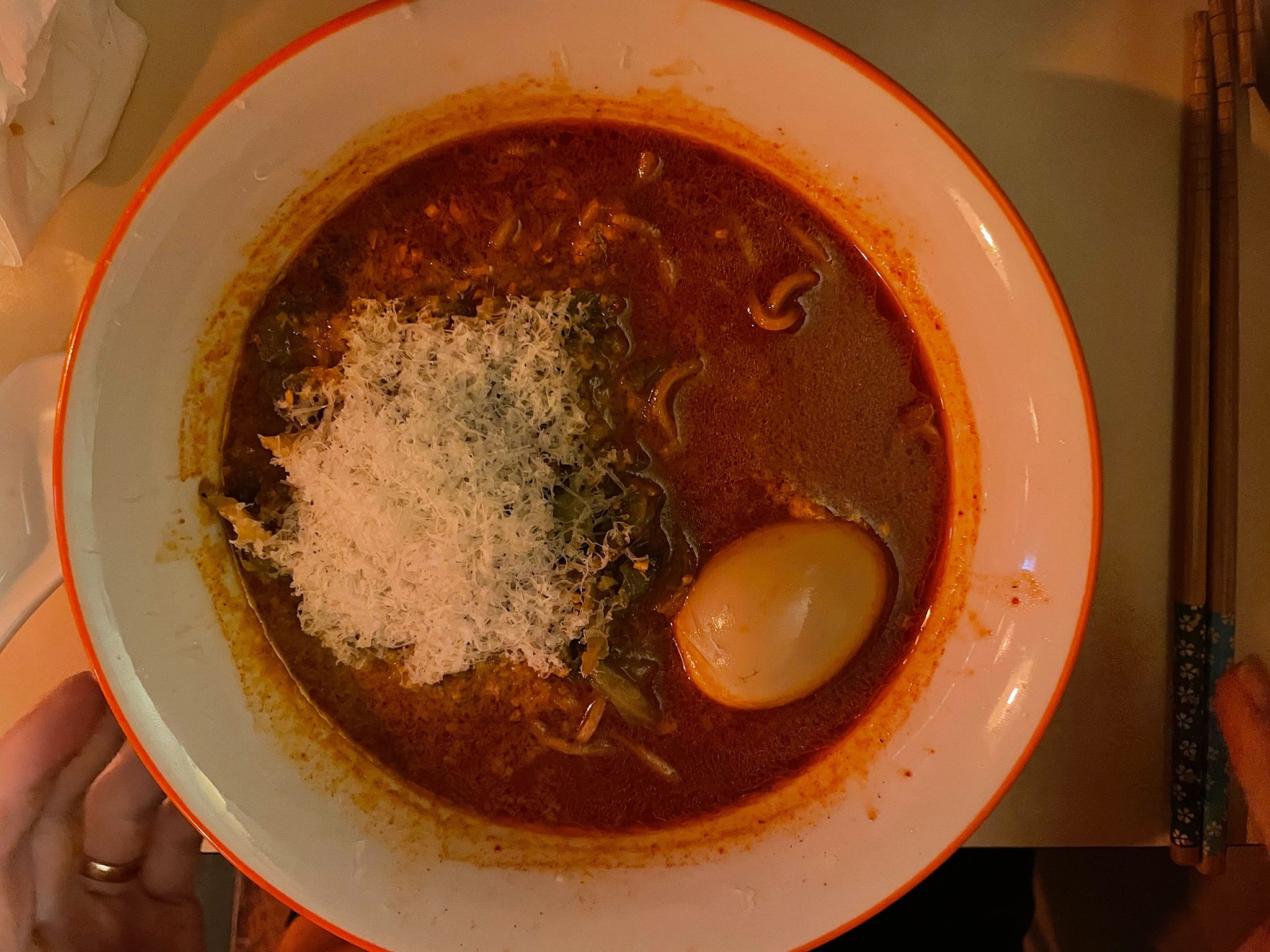 The fried cabbage and cheese ramen is a great option for vegetarians