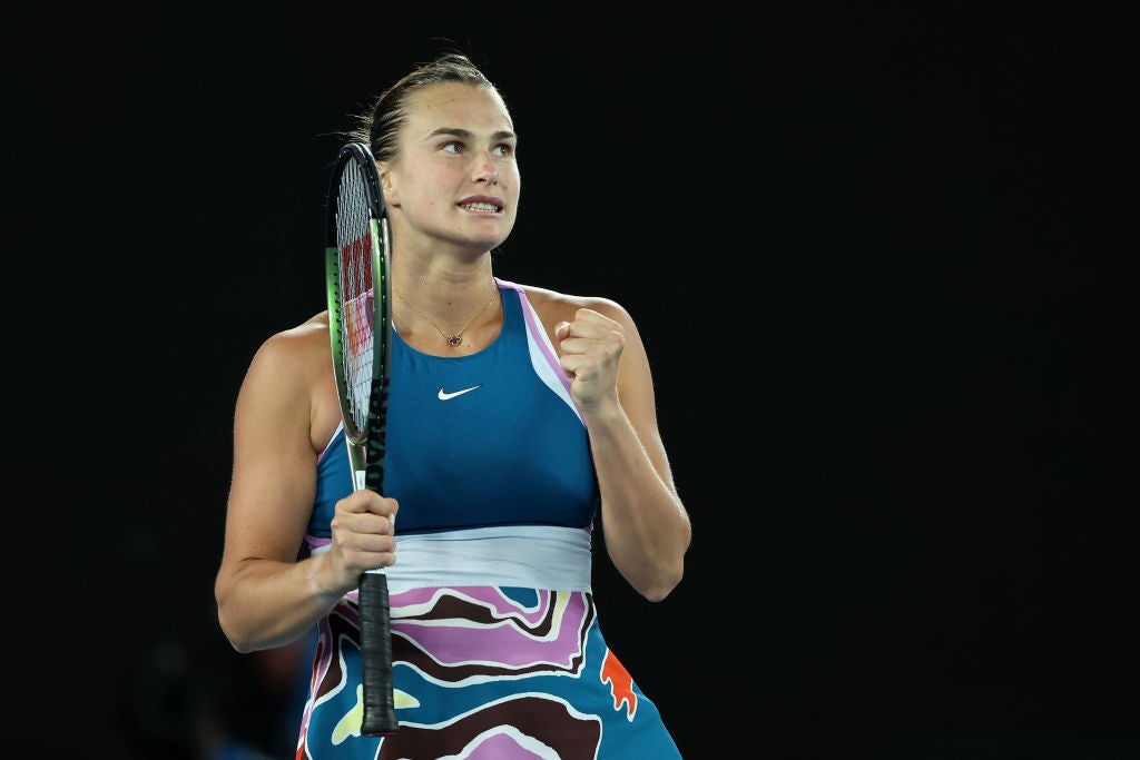 Aryna Sabalenka celebrates winning match point