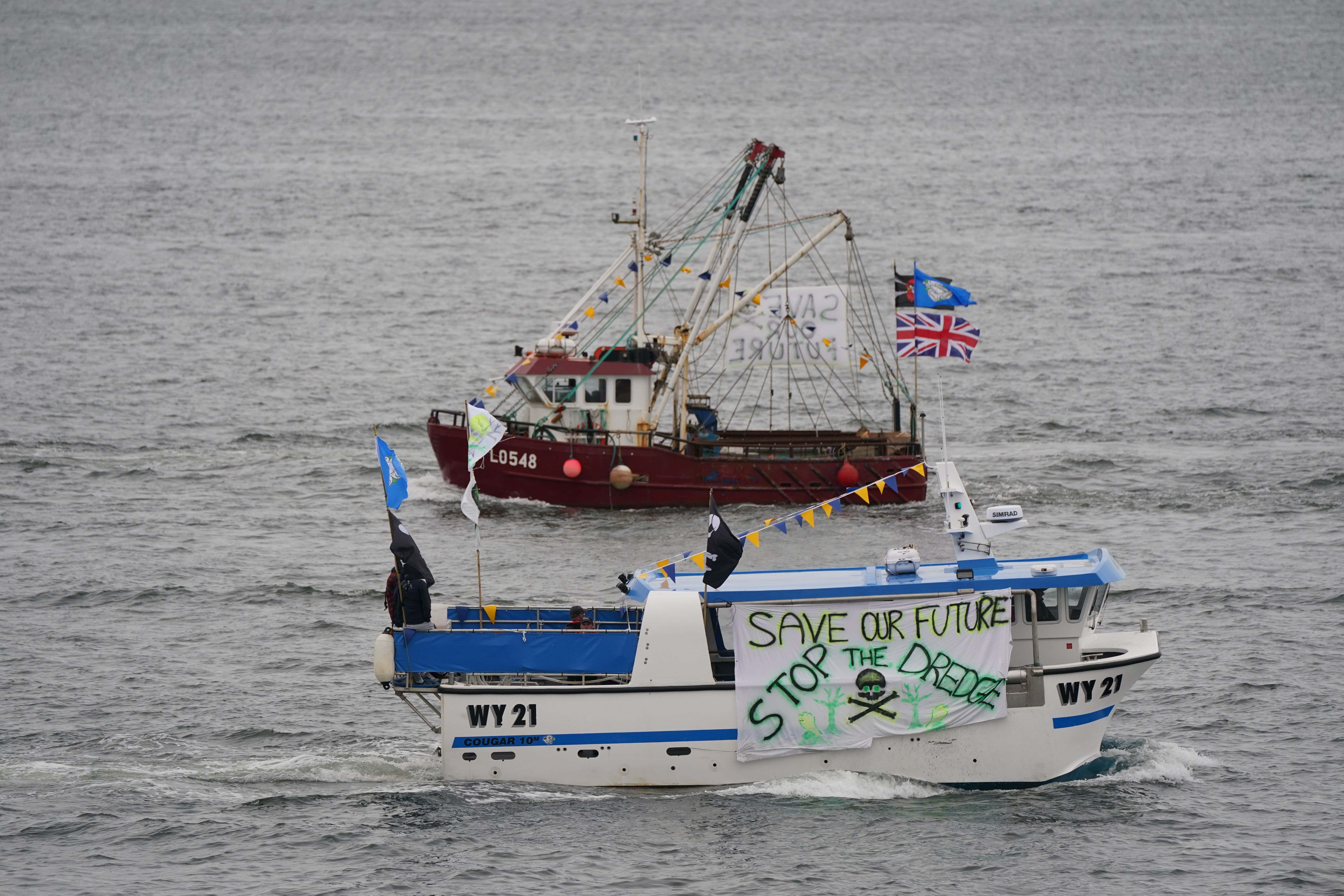 Fishing crews stage a protest in Teesport, Middlesbrough, near the mouth of the River Tees, demanding a new investigation into the mass deaths of crabs and lobsters in the area (Owen Humphreys/PA)