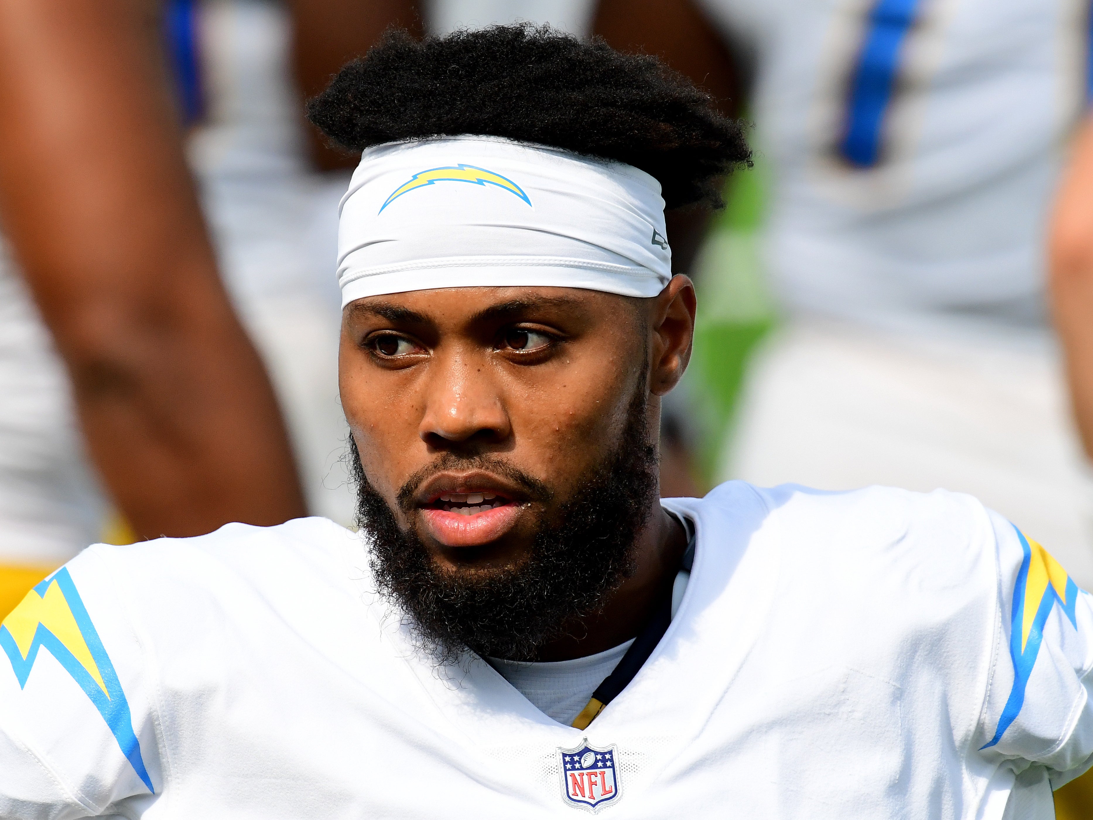 Jessie Lemonier #90 of the Los Angeles Chargers on the sidelines during a 21-16 Carolina Panthers win at SoFi Stadium on September 27, 2020 in Inglewood, California