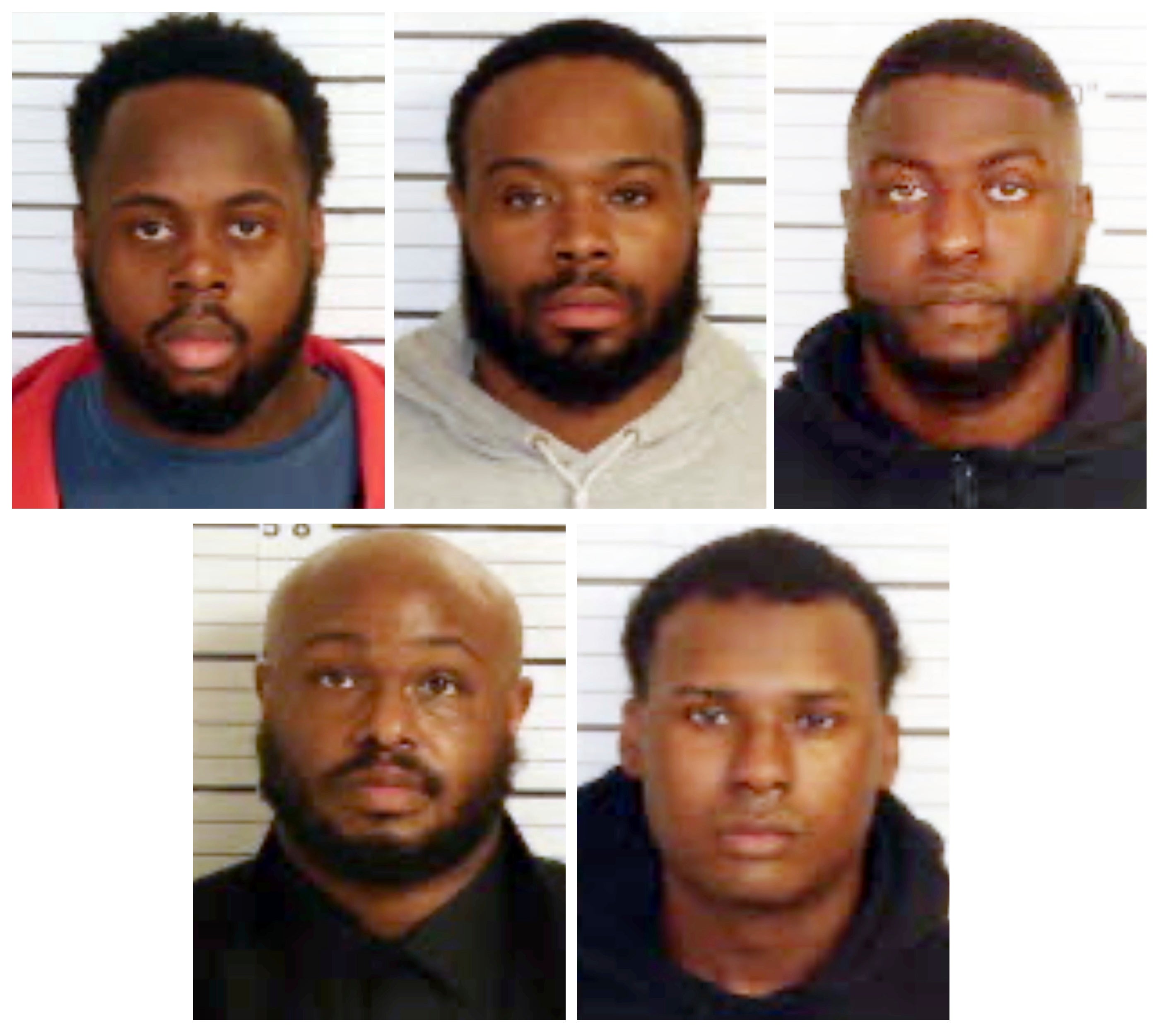 Booking images provided by the Shelby County Sheriff's Office shows, from top row from left, Tadarrius Bean, Demetrius Haley, Emmitt Martin III, bottom row from left, Desmond Mills, Jr. and Justin Smith