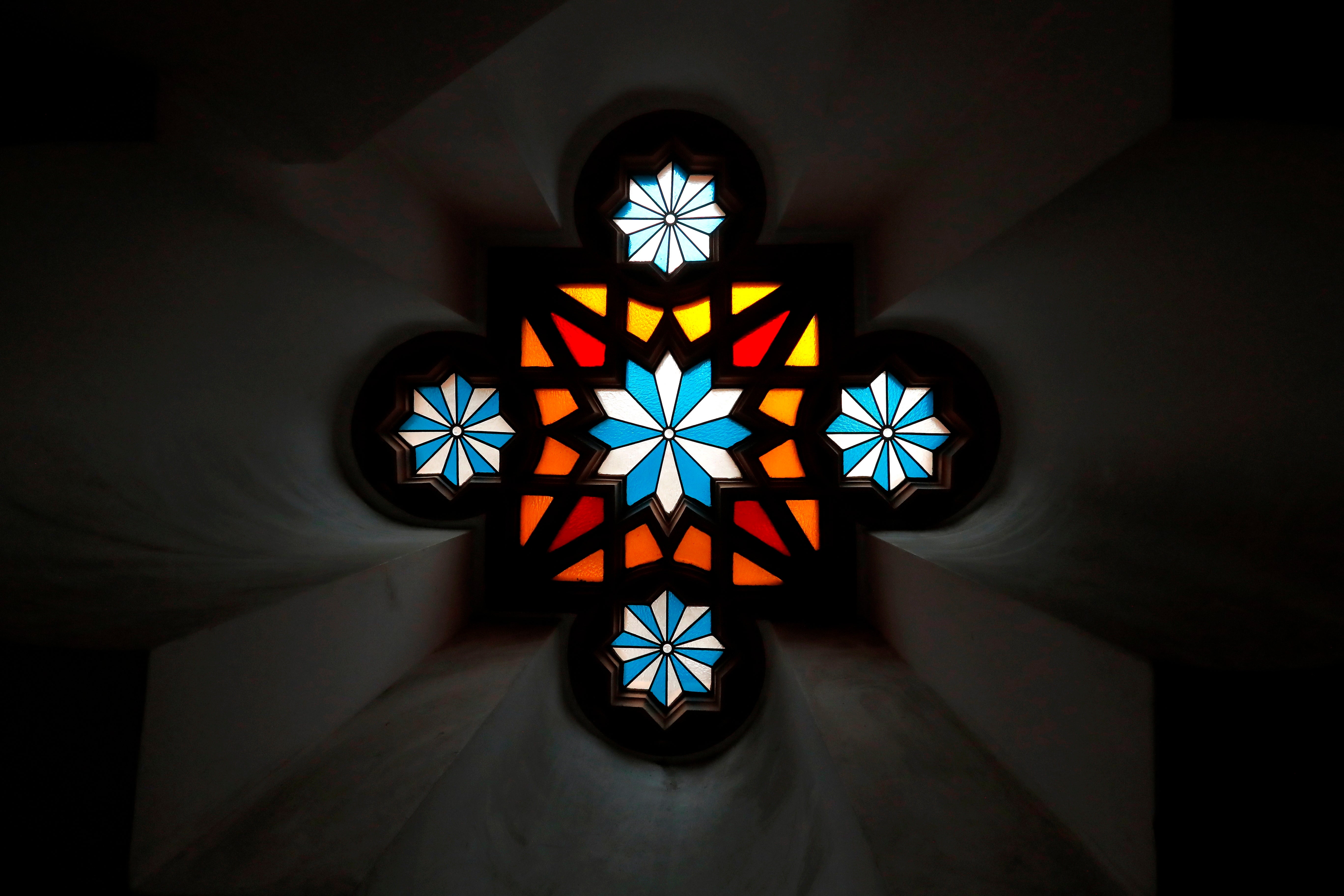 A stained glass of the internal access staircase inside the Choral Temple synagogue, during a ceremony to mark the Holocaust Remembrance Day in Bucharest, Romania