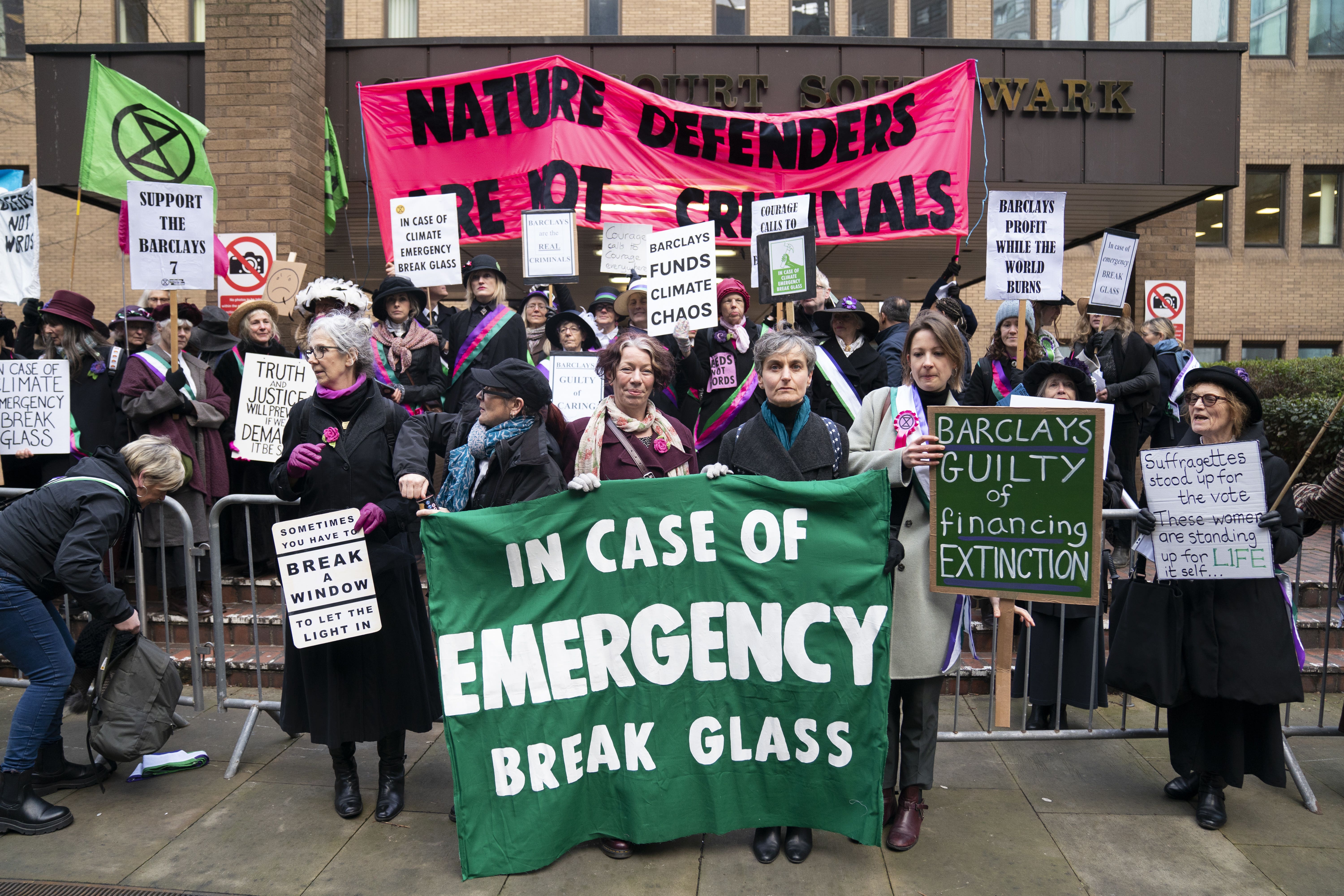 Climate protesters Rosemary Webster, Carol Wood, Lucy Porter, Zoe Cohen and Sophie Cowen outside Southwark Crown Court, London (Kirsty O’Connor/PA)