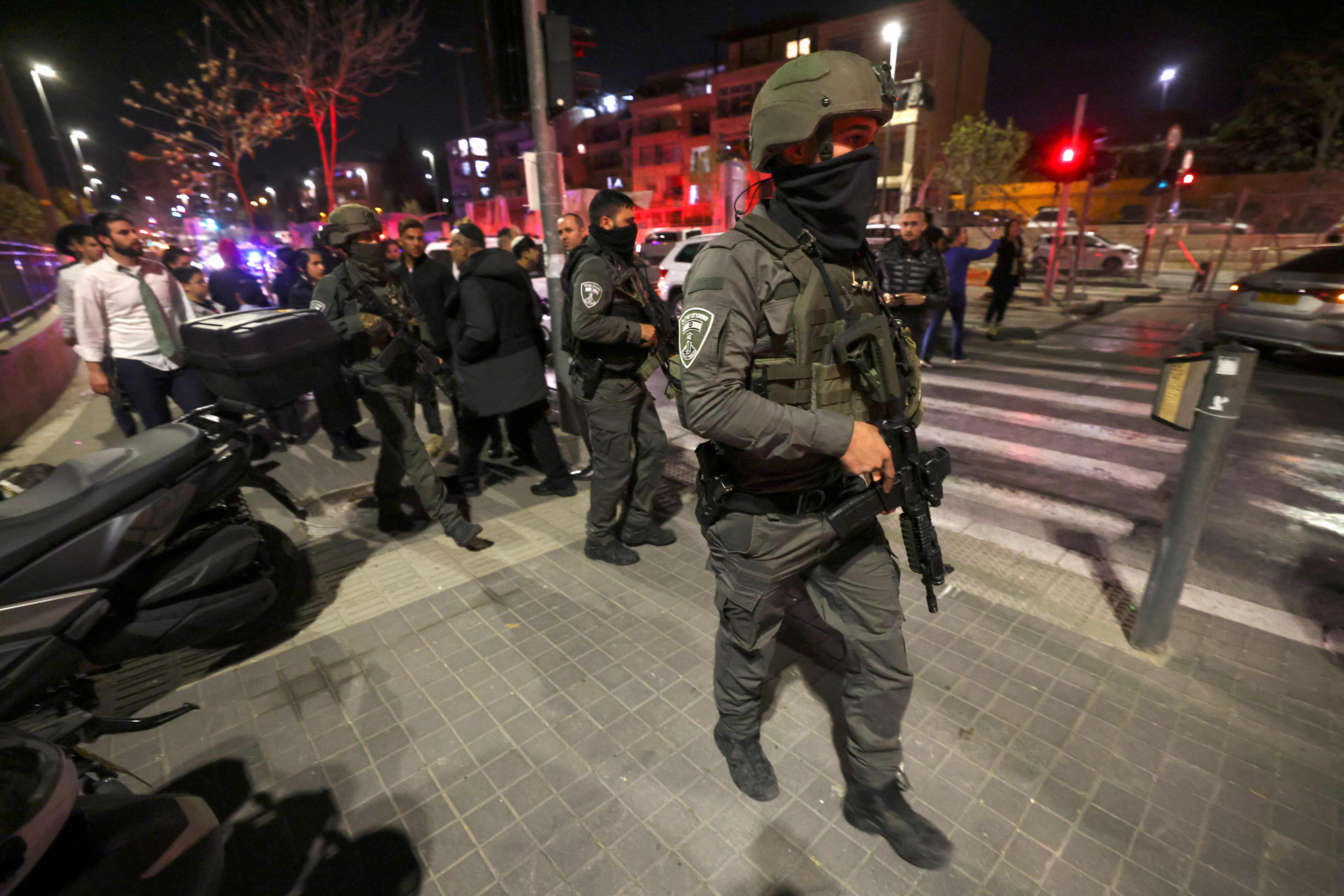 Armed police at the scene of the deadly shooting in Jerusalem